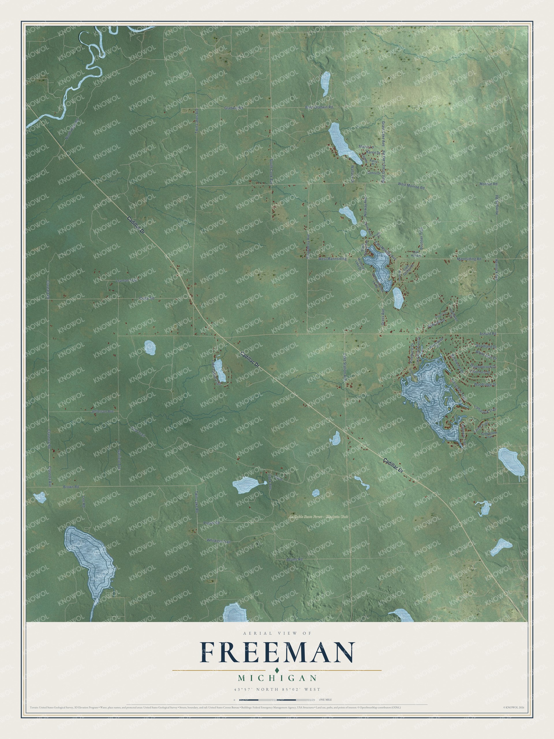 Full map of Freeman, Michigan, with red buildings, printed street names and the land around them