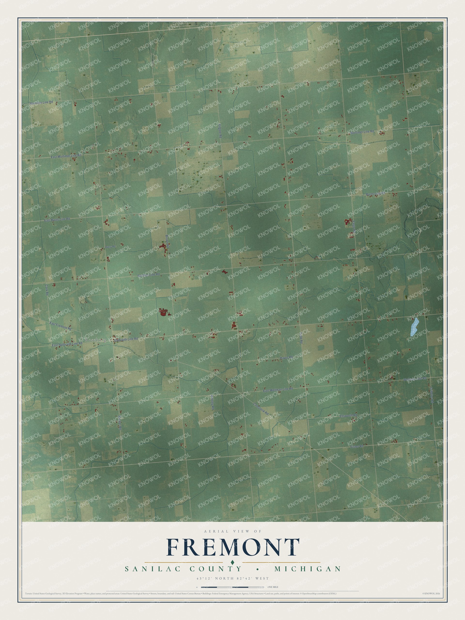 Full map of Fremont, Michigan, with red buildings, printed street names and the land around them