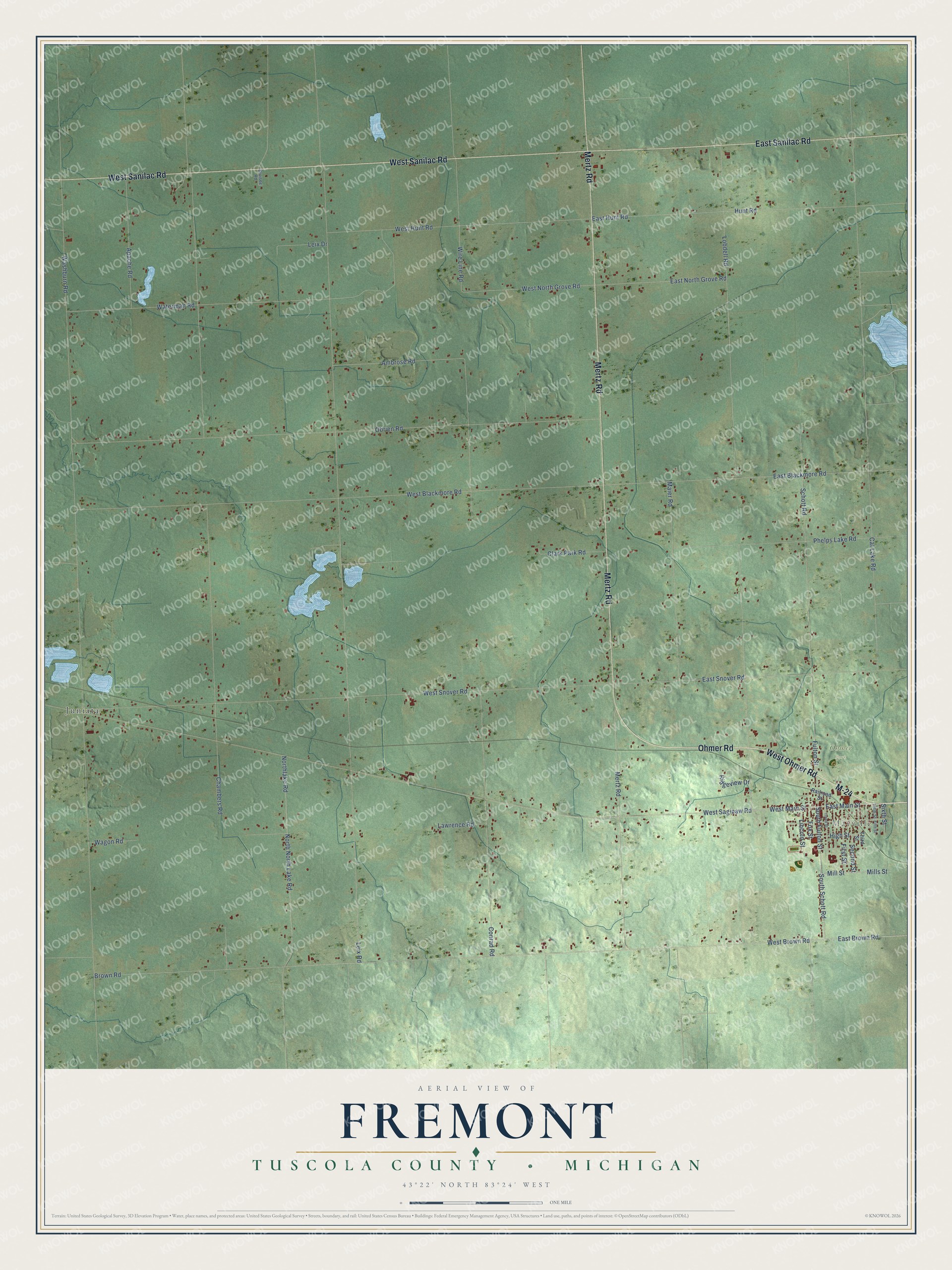 Full map of Fremont, Michigan, with red buildings, printed street names and the land around them