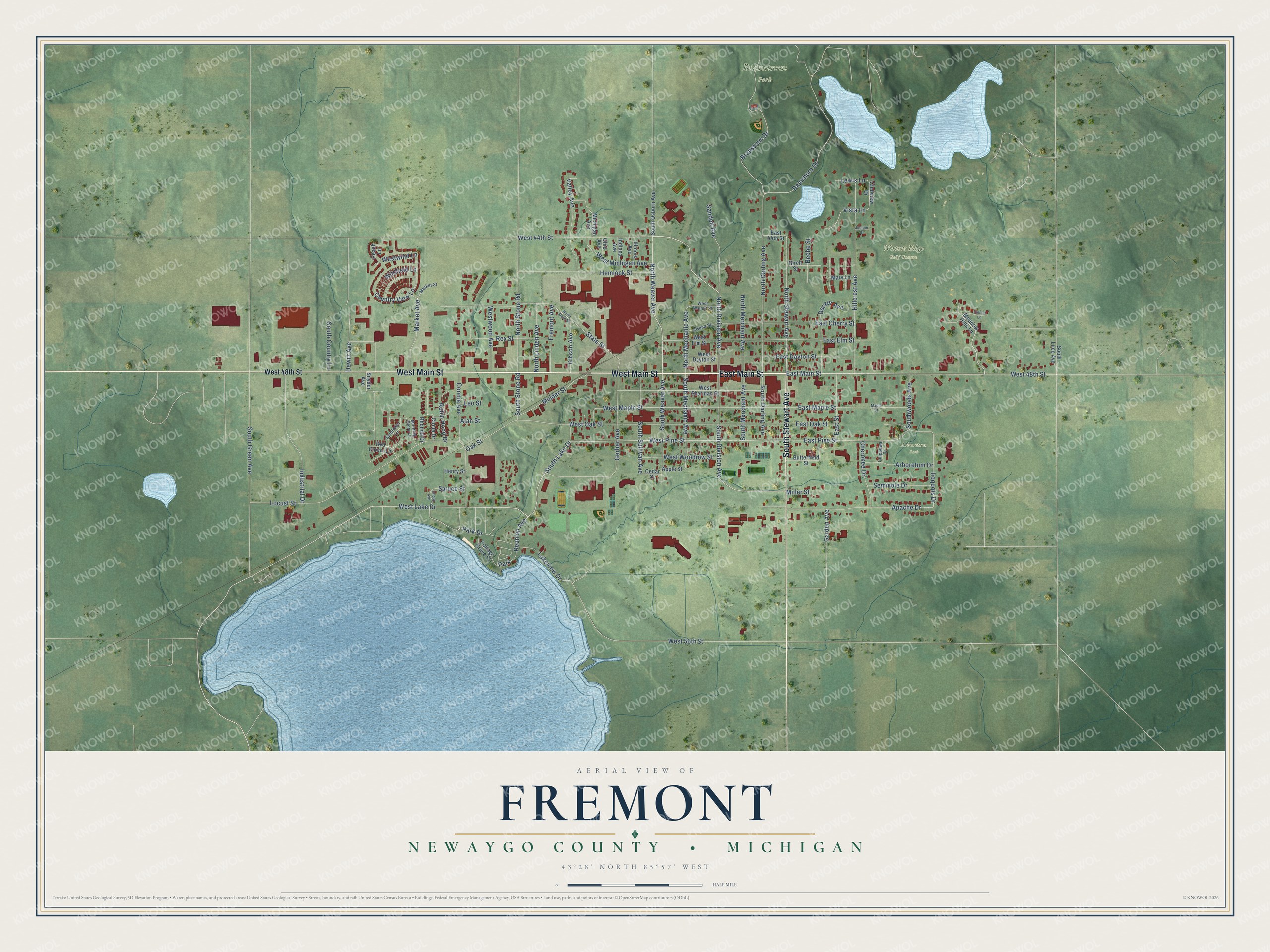 Full map of Fremont, Michigan, with red buildings, printed street names and the land around them
