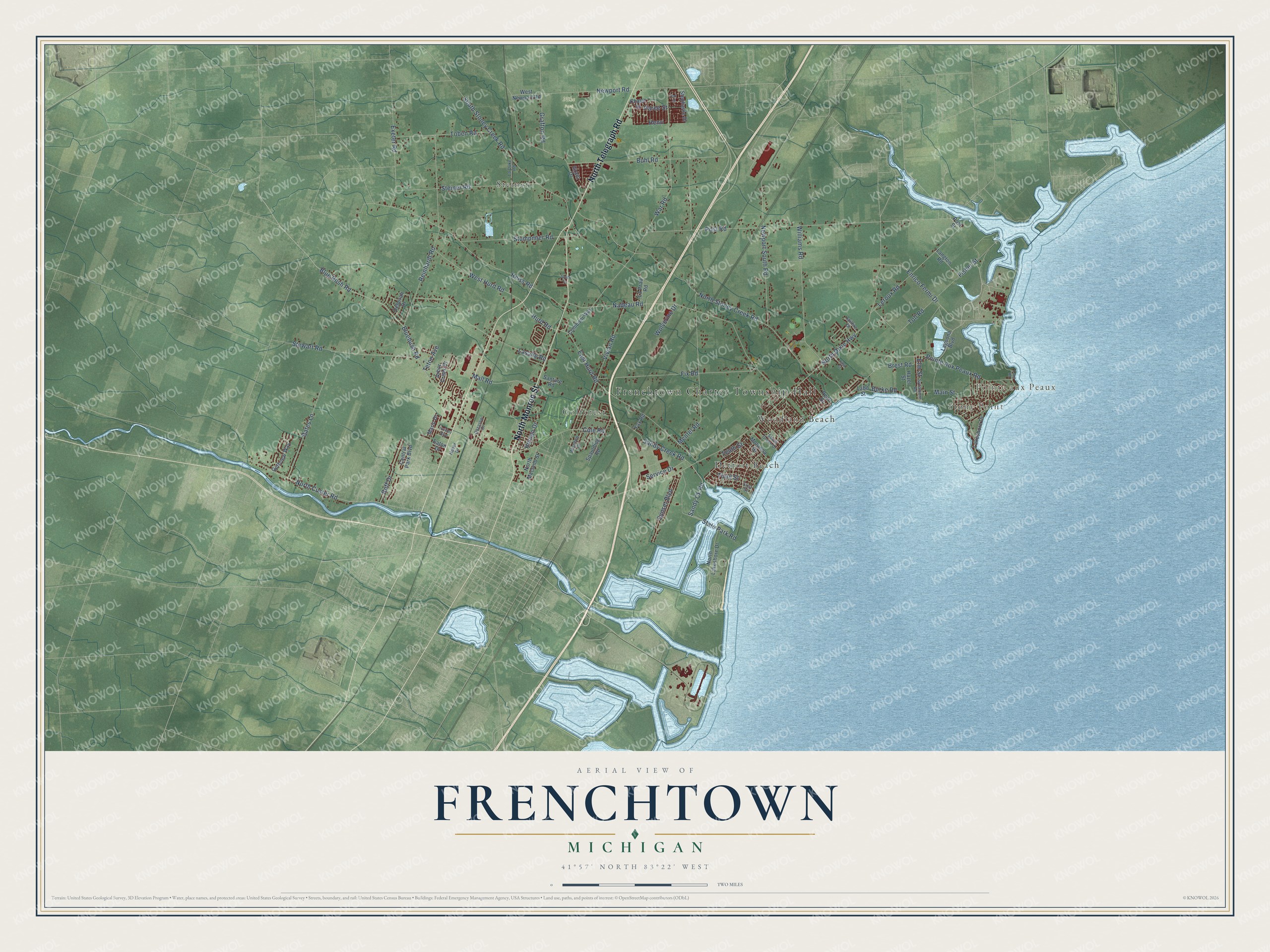 Full map of Frenchtown, Michigan, with red buildings, printed street names and the land around them
