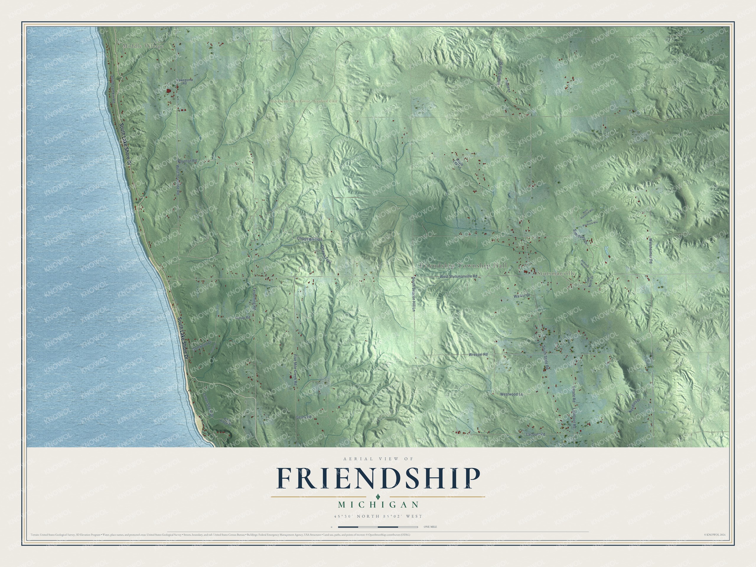 Full map of Friendship, Michigan, with red buildings, printed street names and the land around them