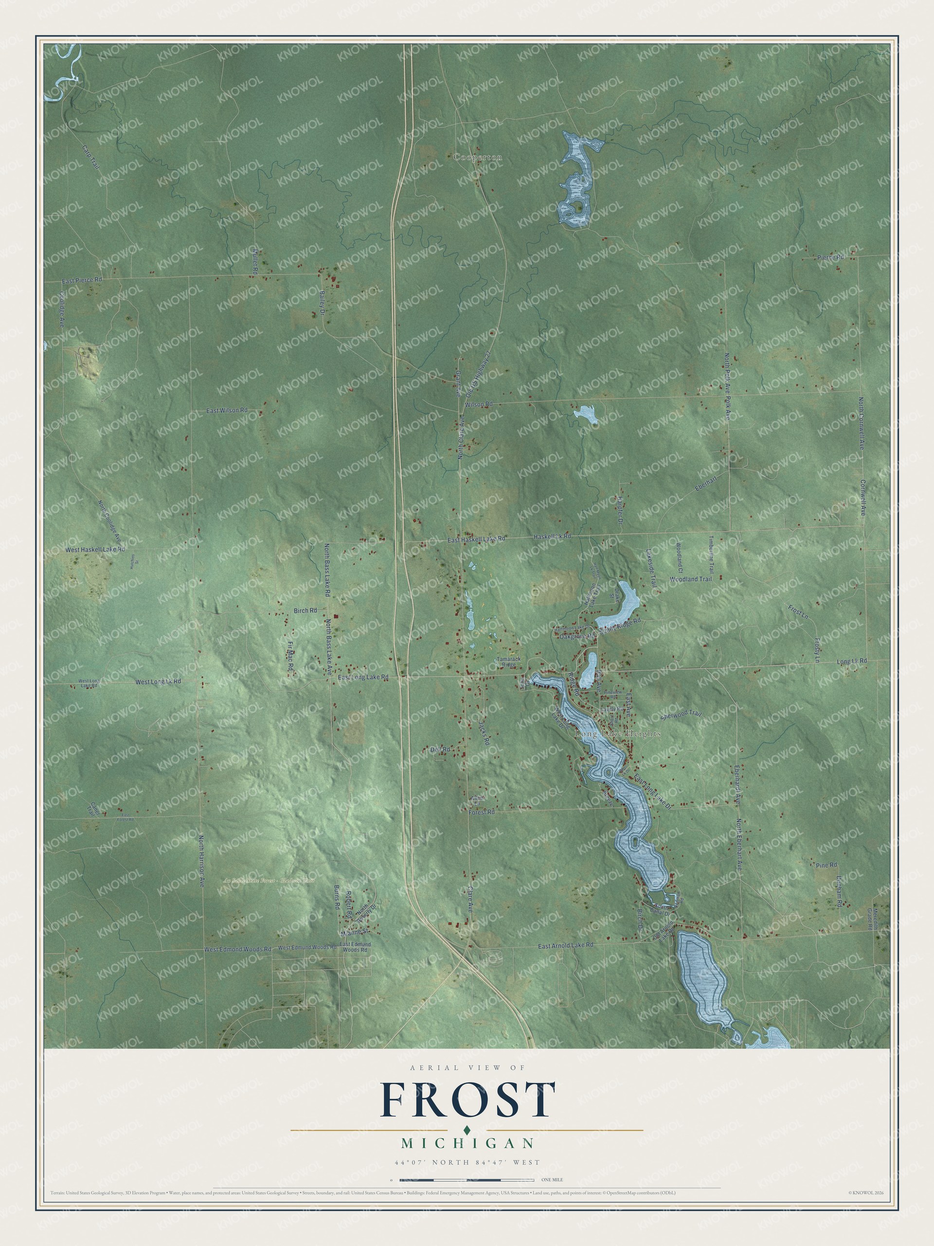 Full map of Frost, Michigan, with red buildings, printed street names and the land around them