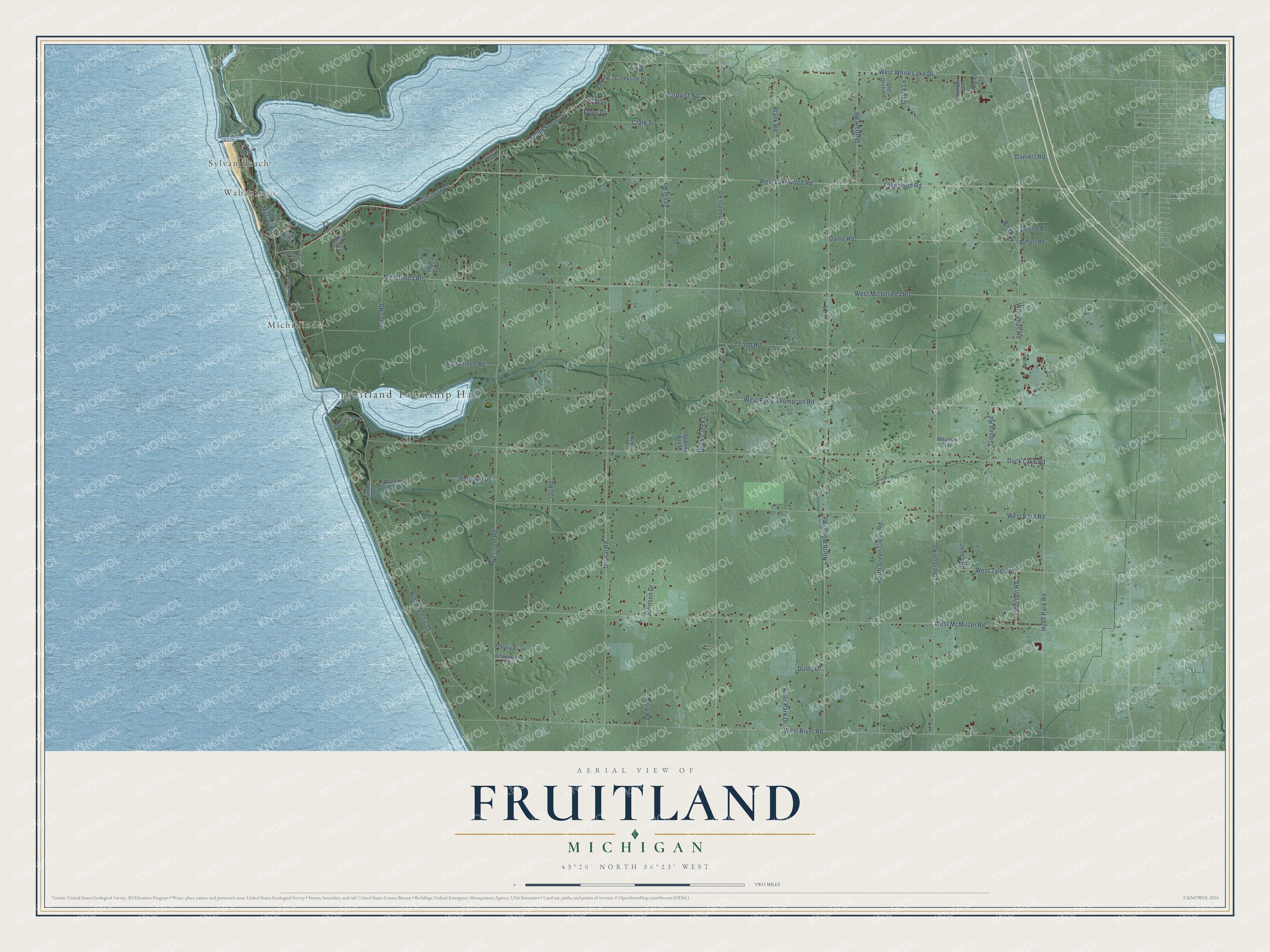 Full map of Fruitland, Michigan, with red buildings, printed street names and the land around them