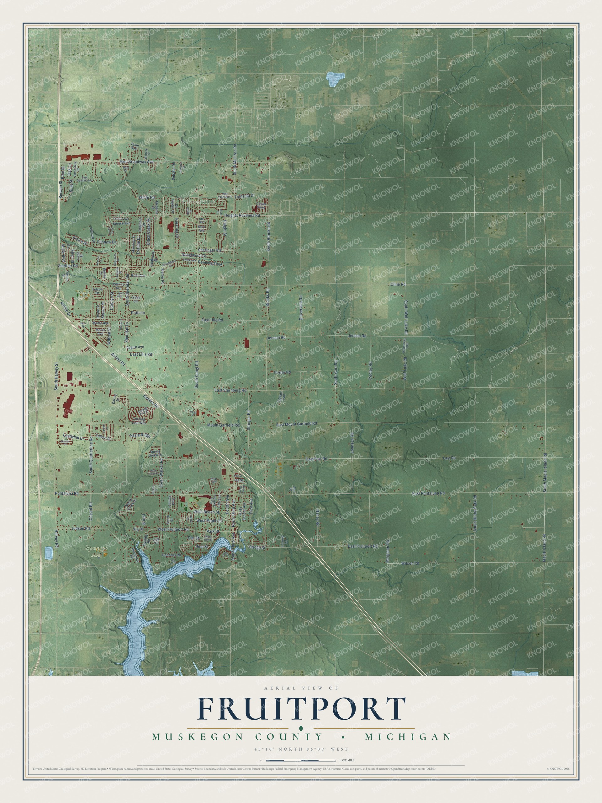 Full map of Fruitport, Michigan, with red buildings, printed street names and the land around them