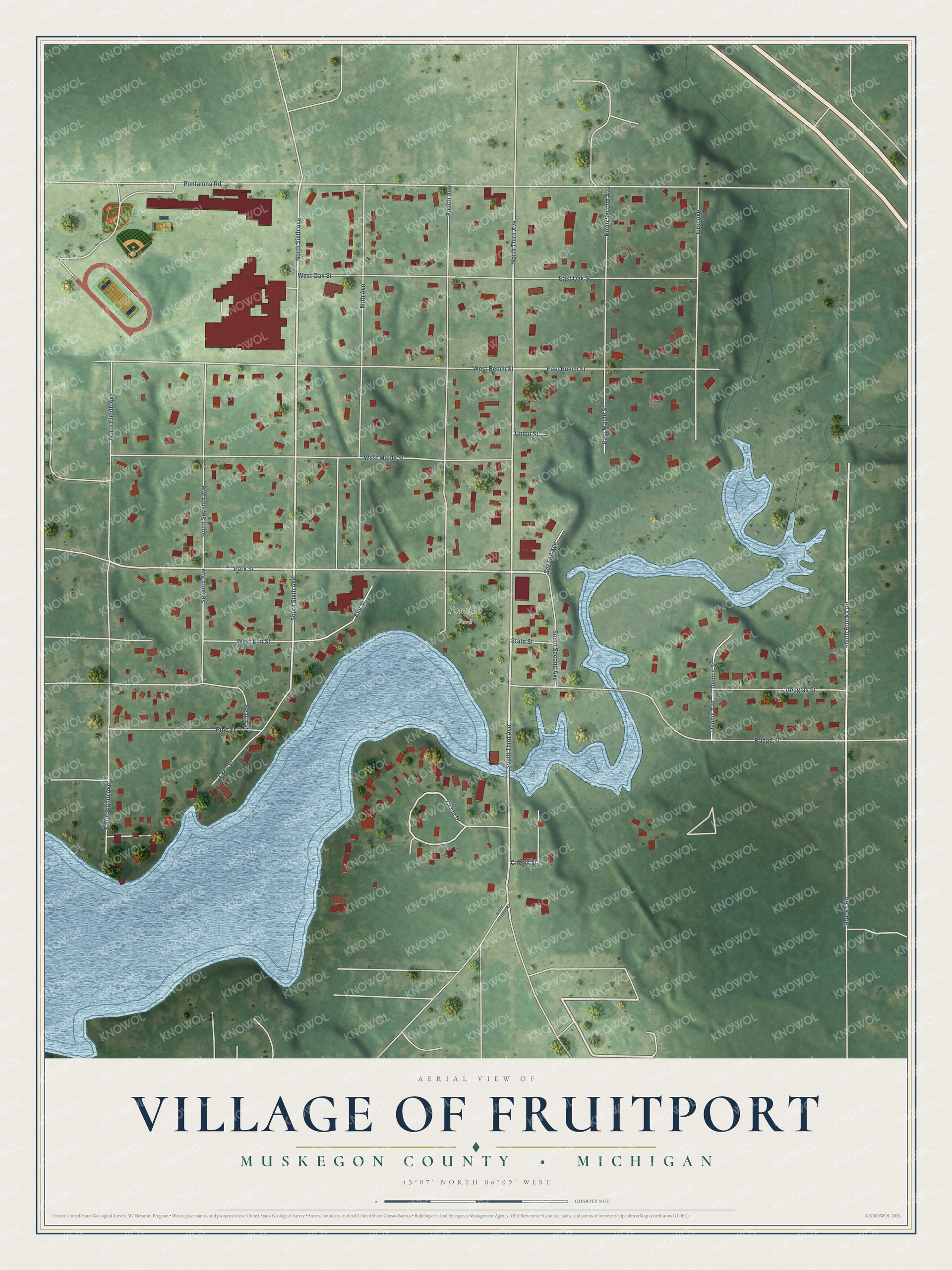 Full map of Fruitport, Michigan, with red buildings, printed street names and the land around them