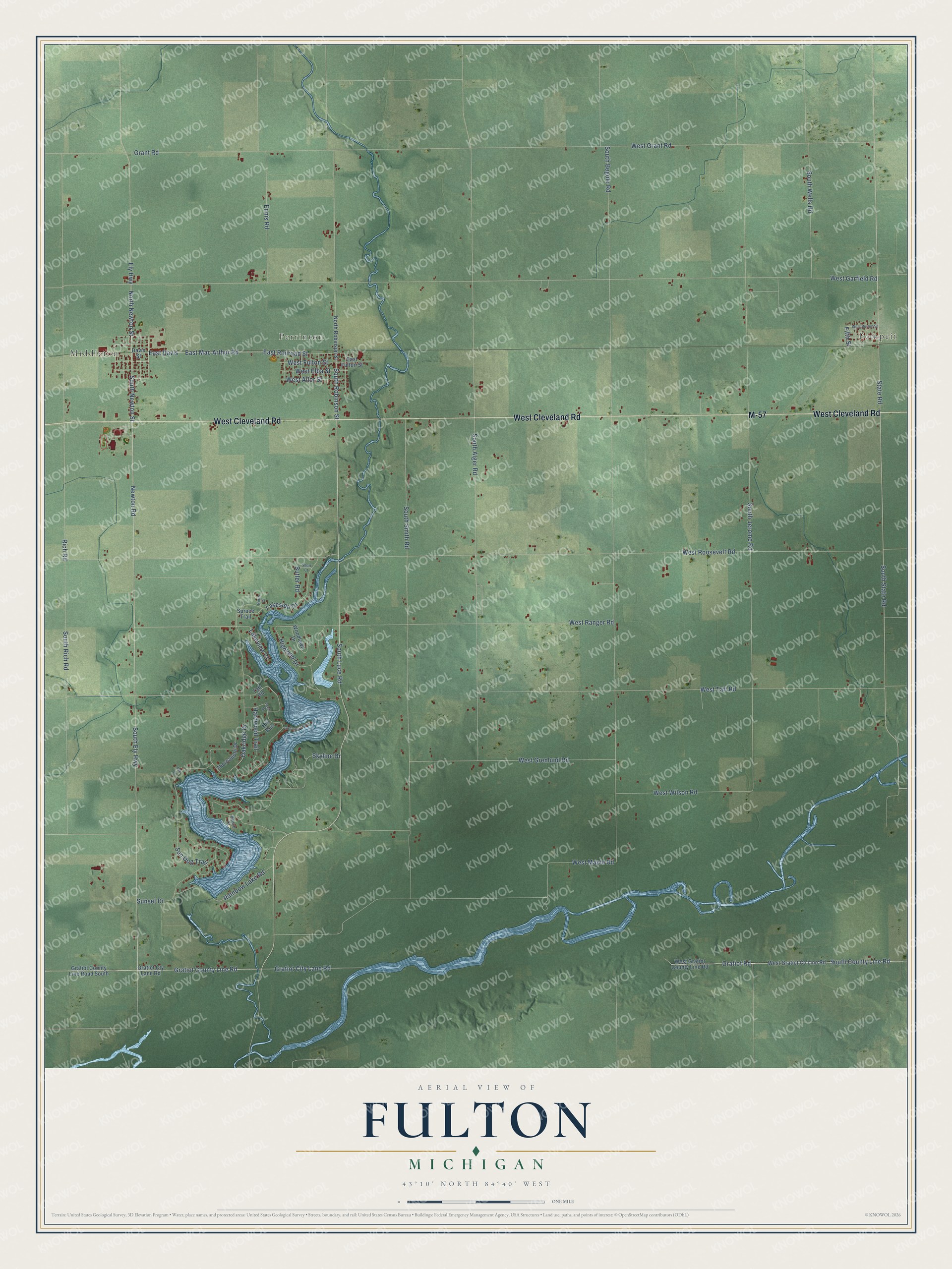 Full map of Fulton, Michigan, with red buildings, printed street names and the land around them