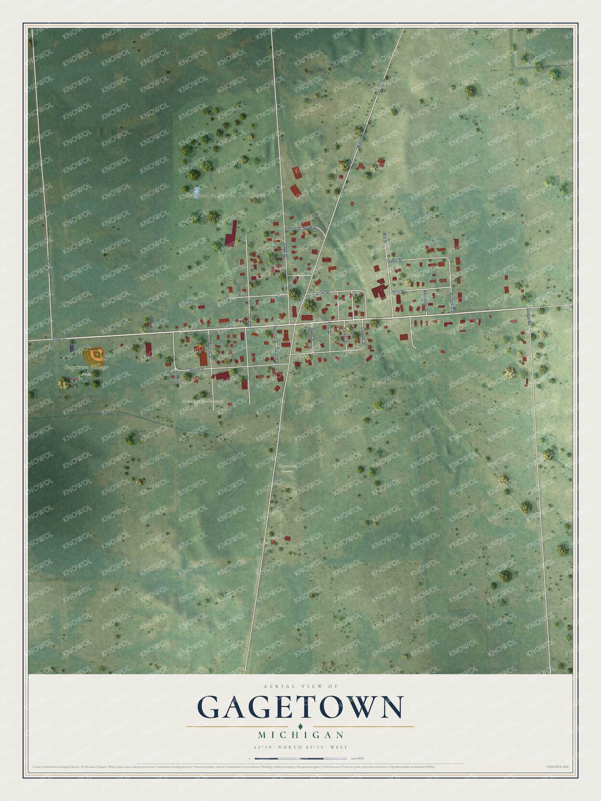 Full map of Gagetown, Michigan, with red buildings, printed street names and the land around them
