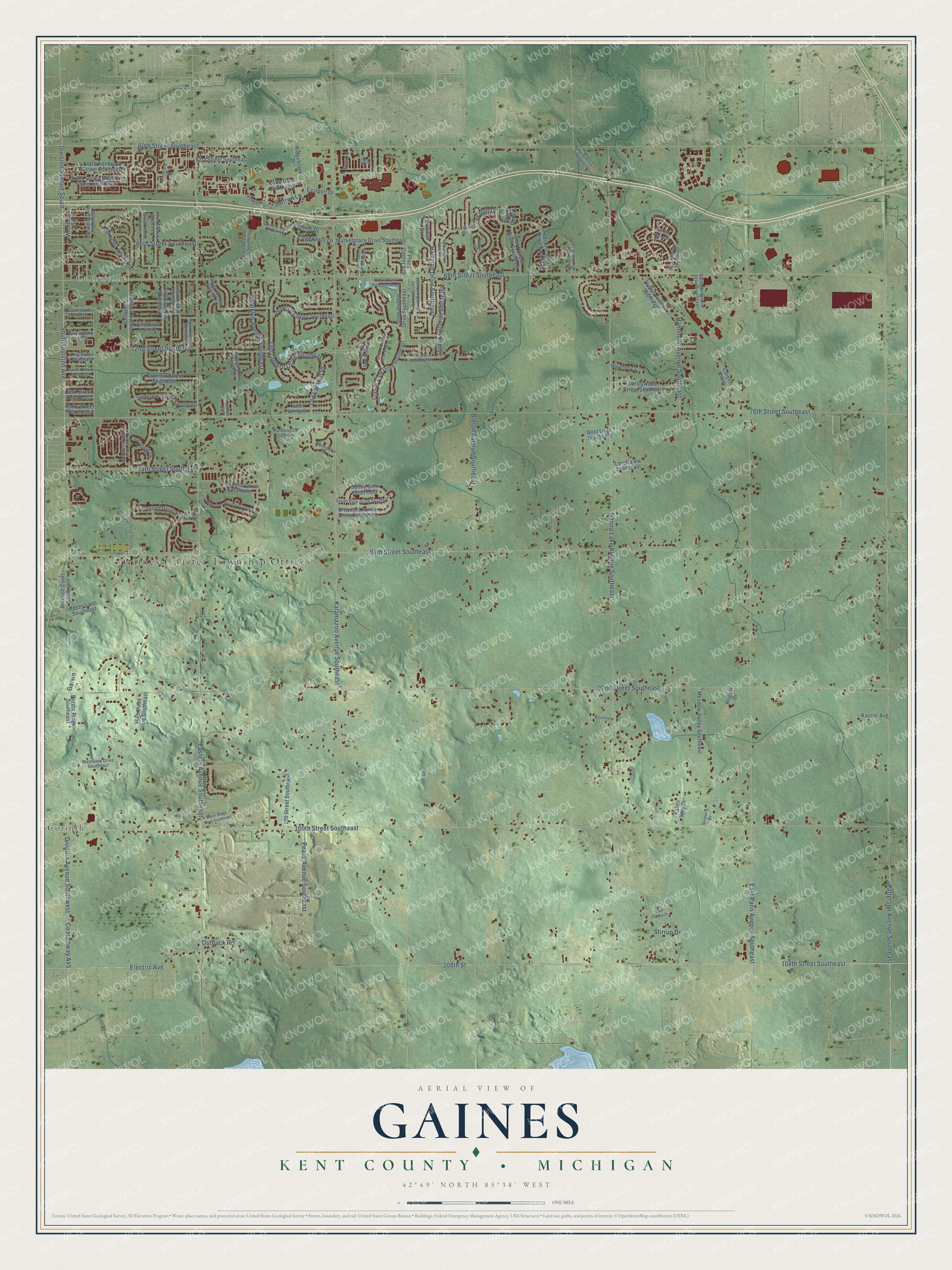 Full map of Gaines, Michigan, with red buildings, printed street names and the land around them