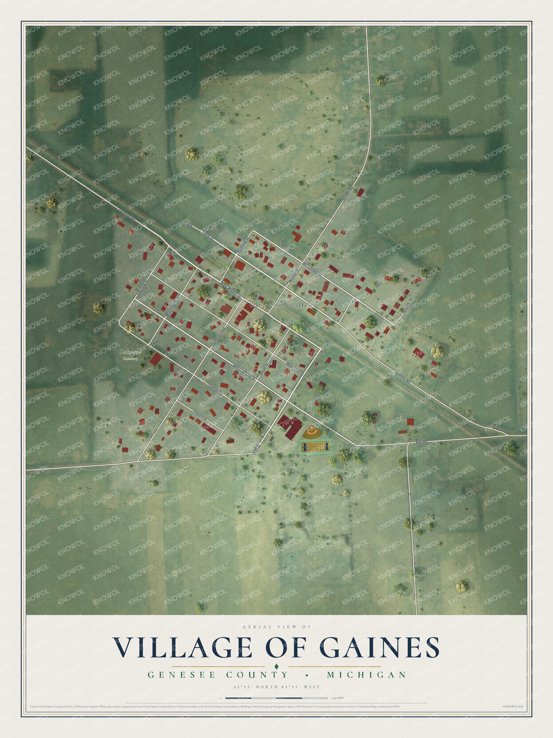 Full map of Gaines, Michigan, with red buildings, printed street names and the land around them