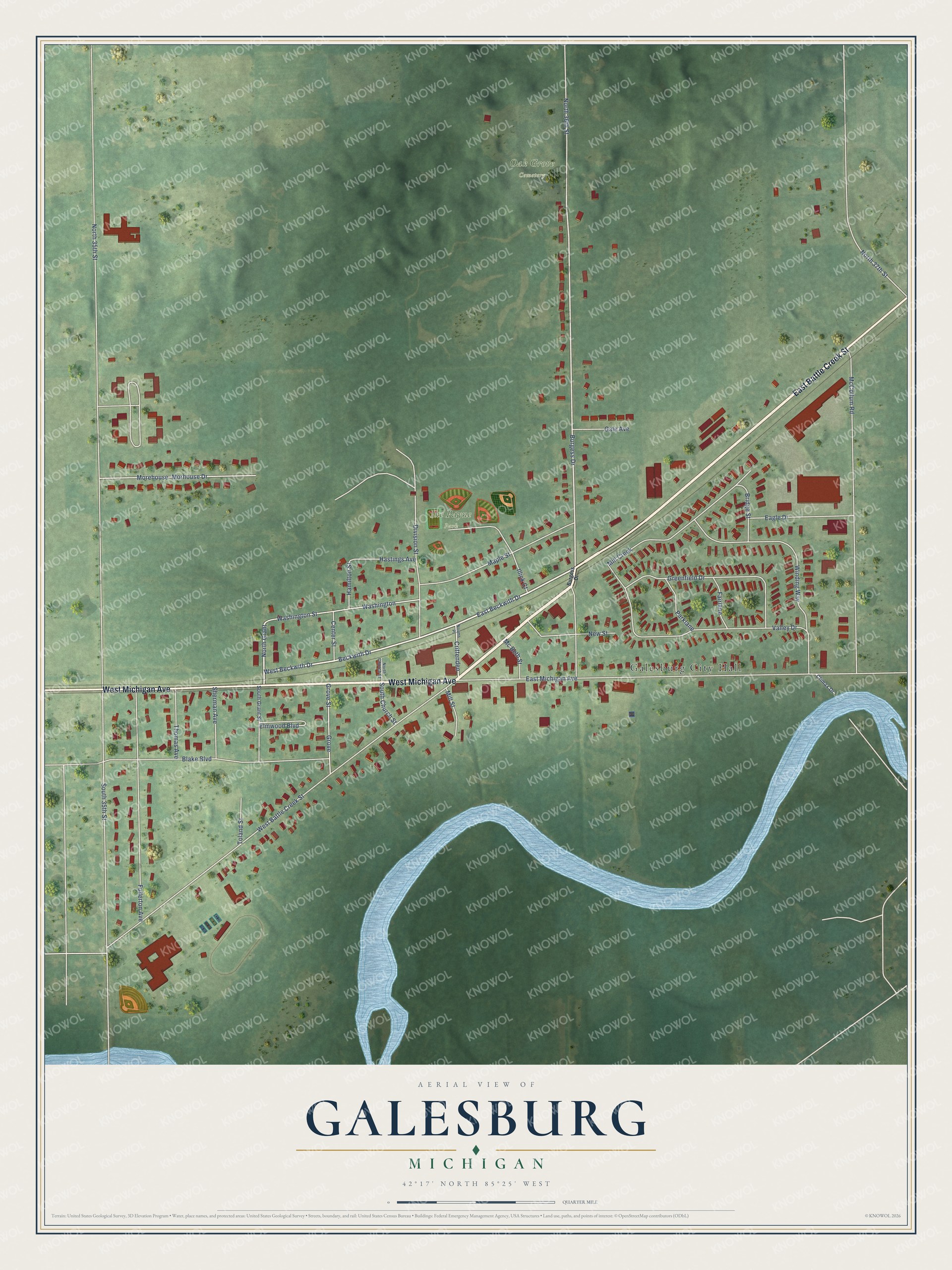 Full map of Galesburg, Michigan, with red buildings, printed street names and the land around them