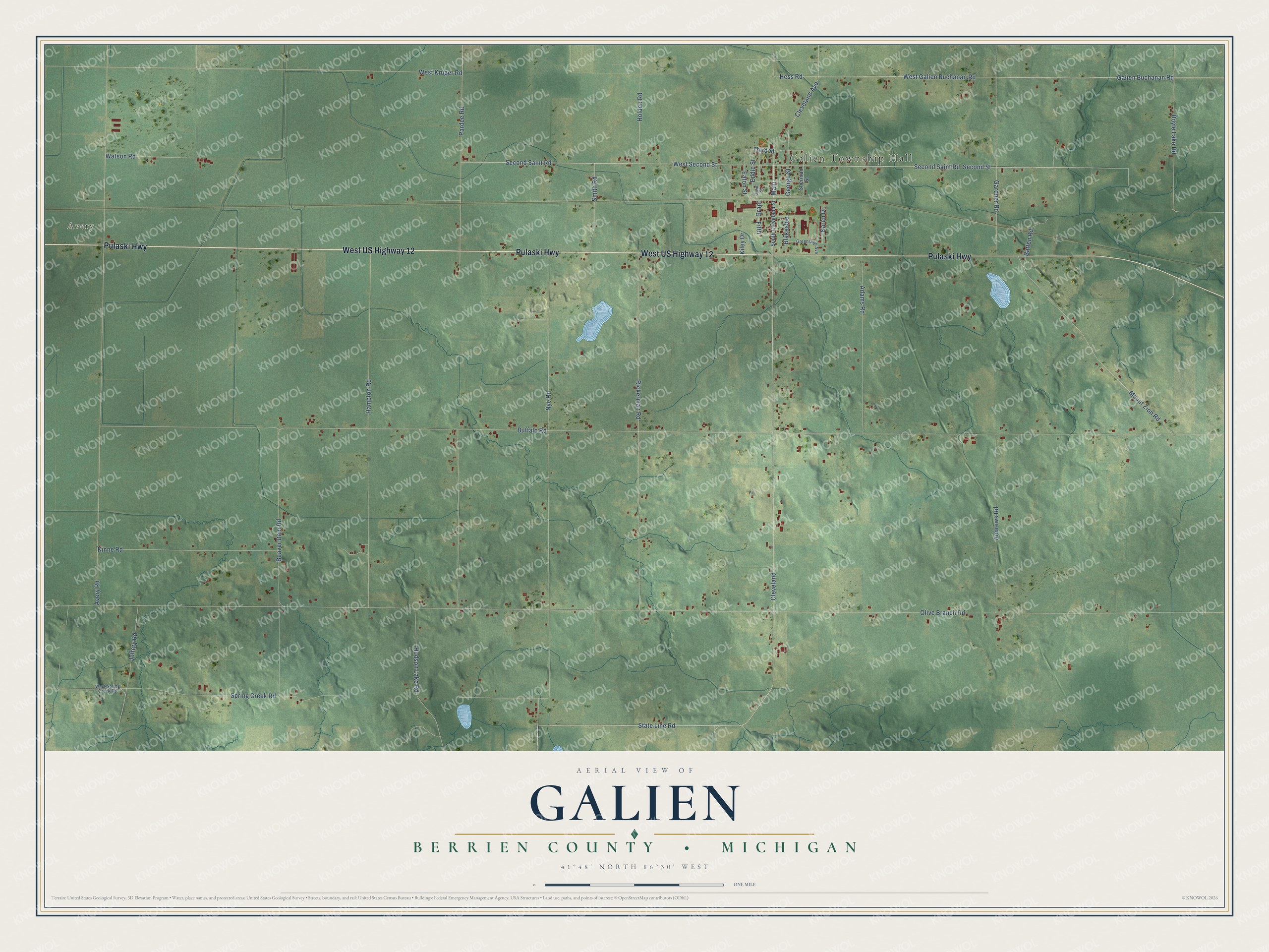 Full map of Galien, Michigan, with red buildings, printed street names and the land around them