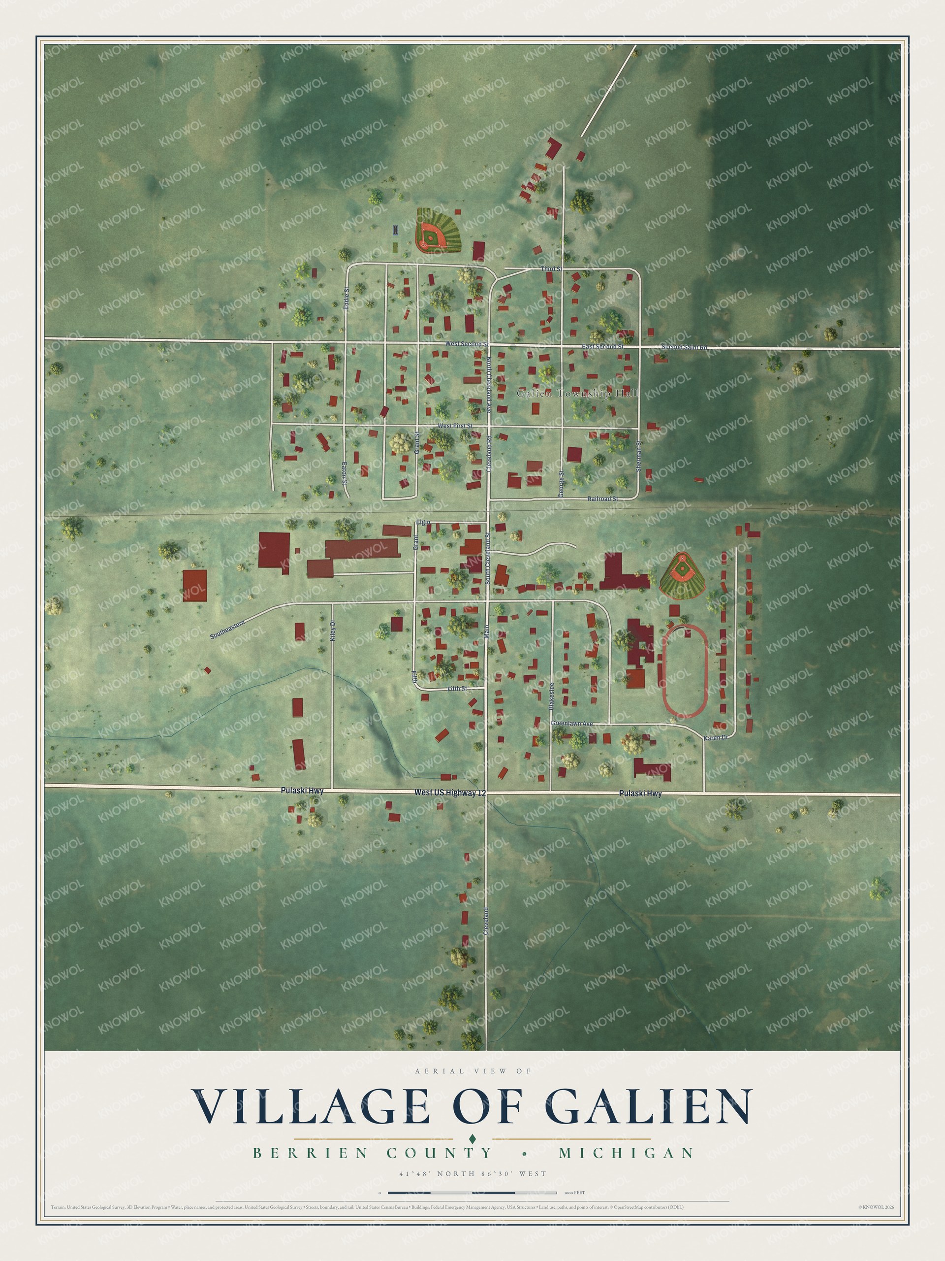 Full map of Galien, Michigan, with red buildings, printed street names and the land around them
