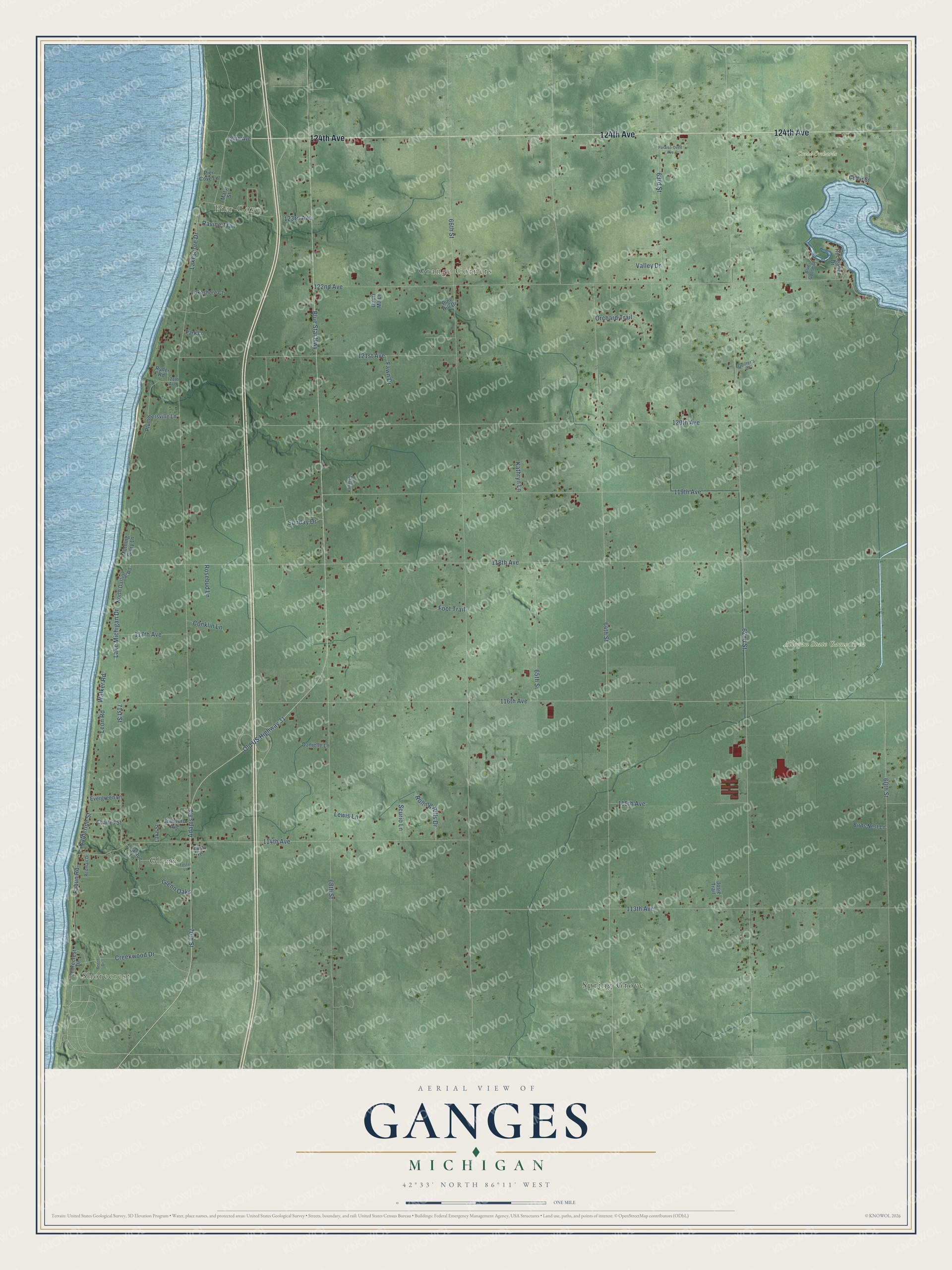 Full map of Ganges, Michigan, with red buildings, printed street names and the land around them