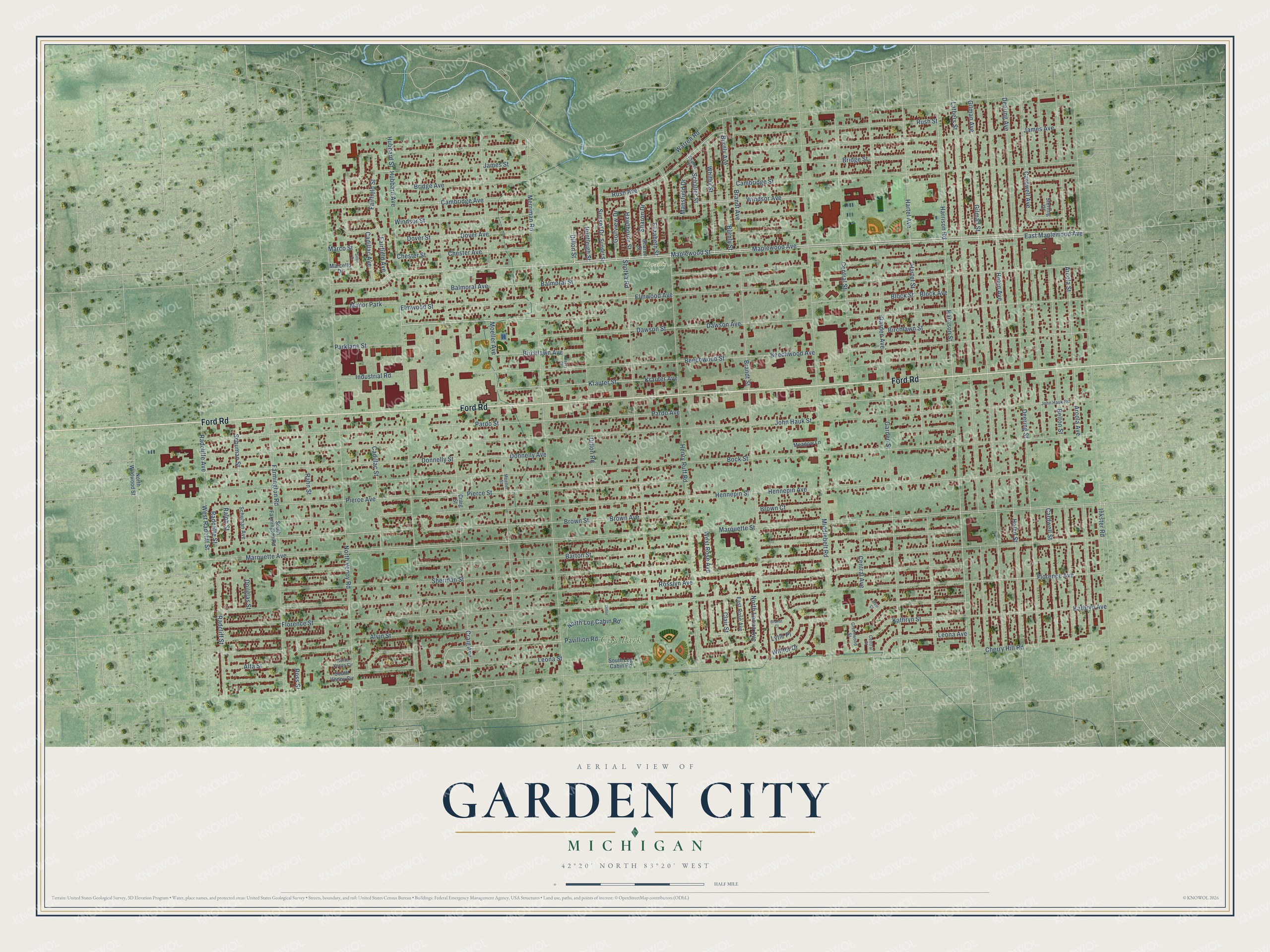 Full map of Garden City, Michigan, with red buildings, printed street names and the land around them