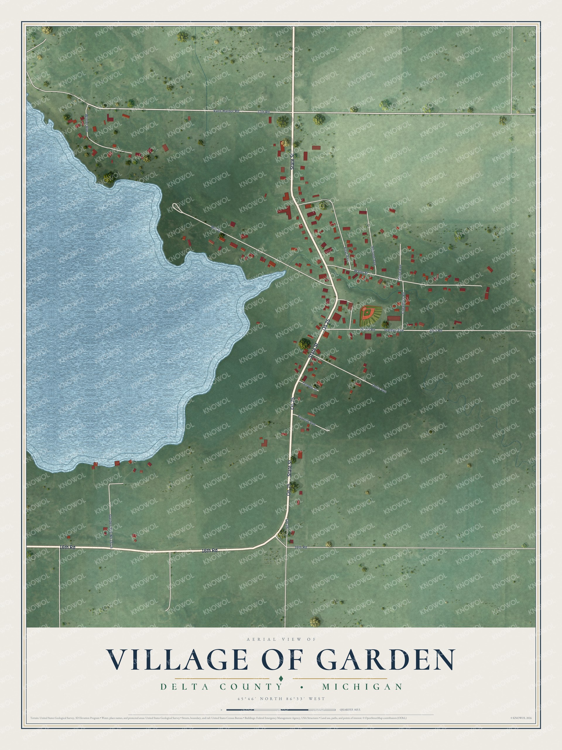 Full map of Garden, Michigan, with red buildings, printed street names and the land around them