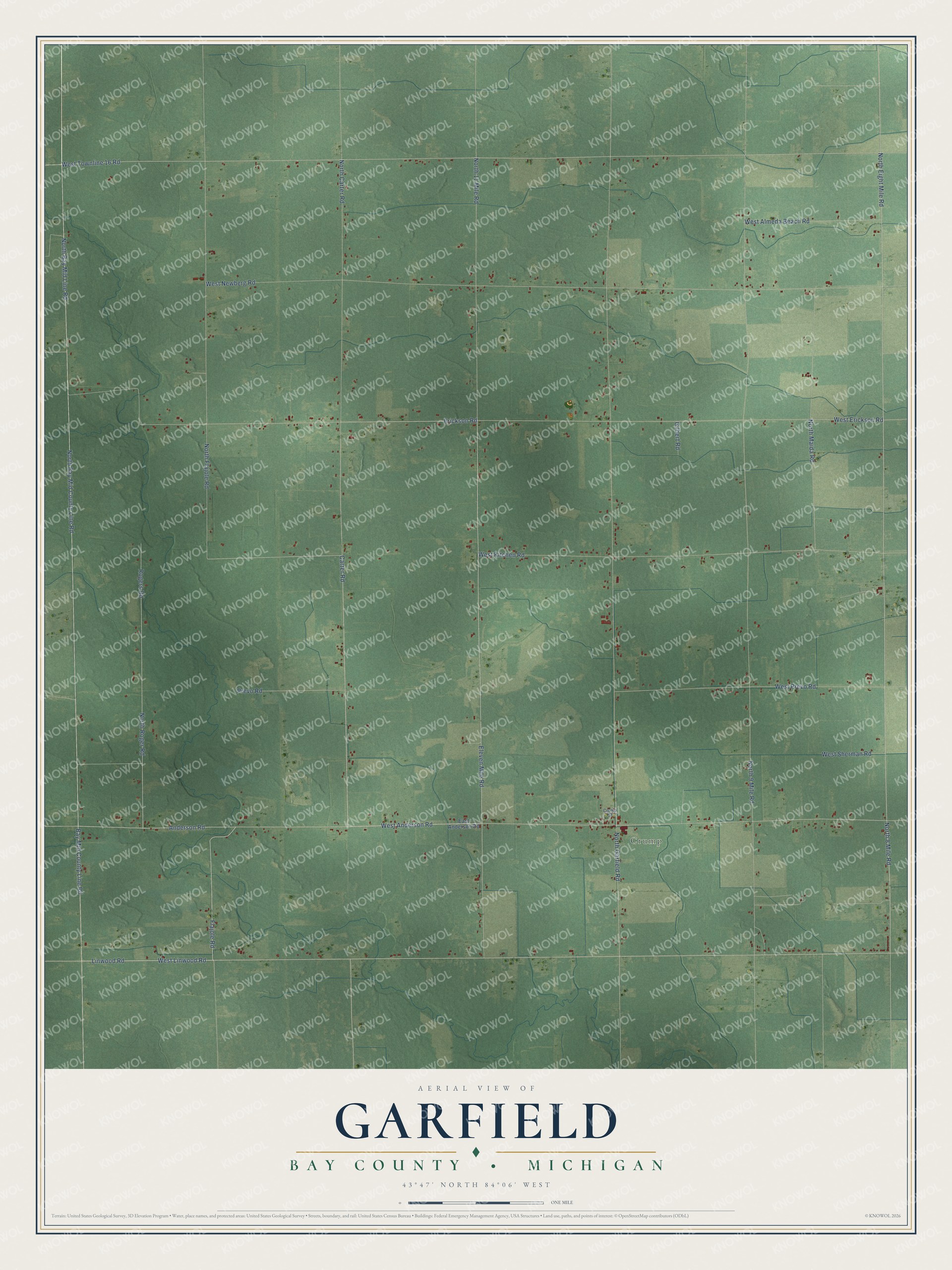 Full map of Garfield, Michigan, with red buildings, printed street names and the land around them