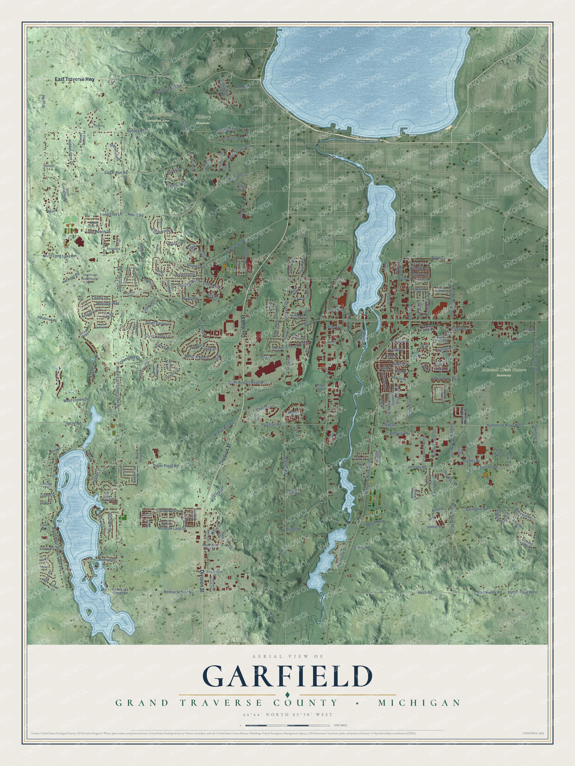 Full map of Garfield, Michigan, with red buildings, printed street names and the land around them