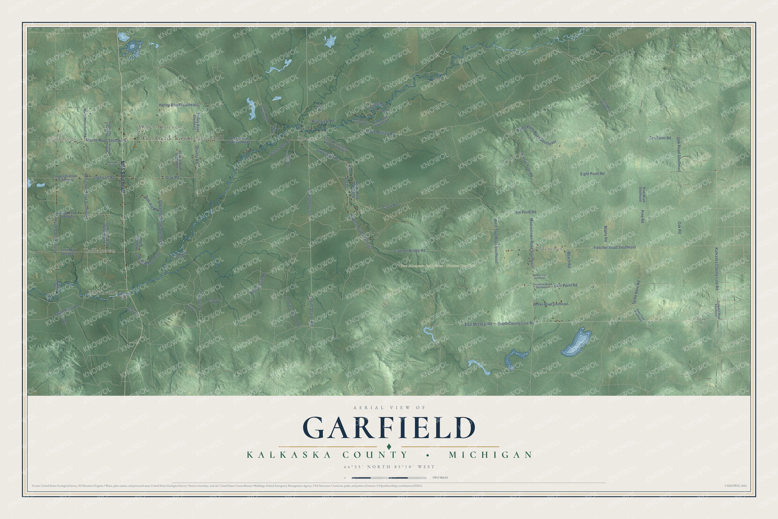 Full map of Garfield, Michigan, with red buildings, printed street names and the land around them