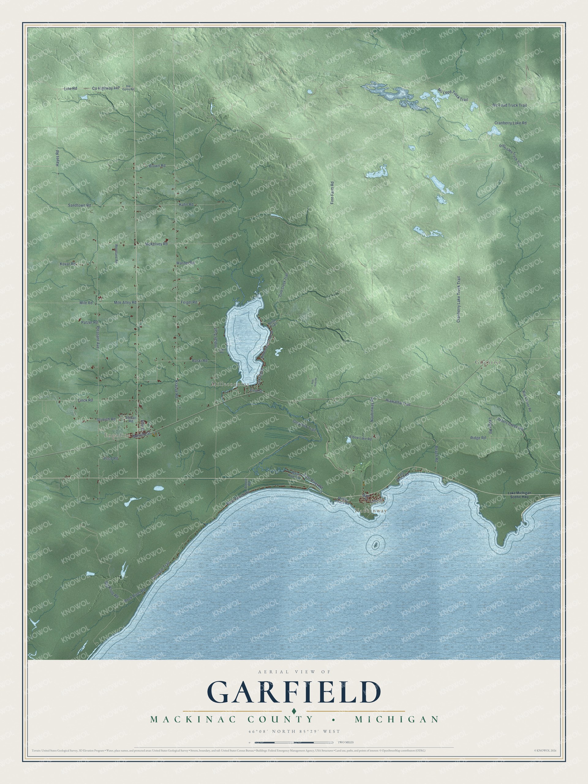 Full map of Garfield, Michigan, with red buildings, printed street names and the land around them