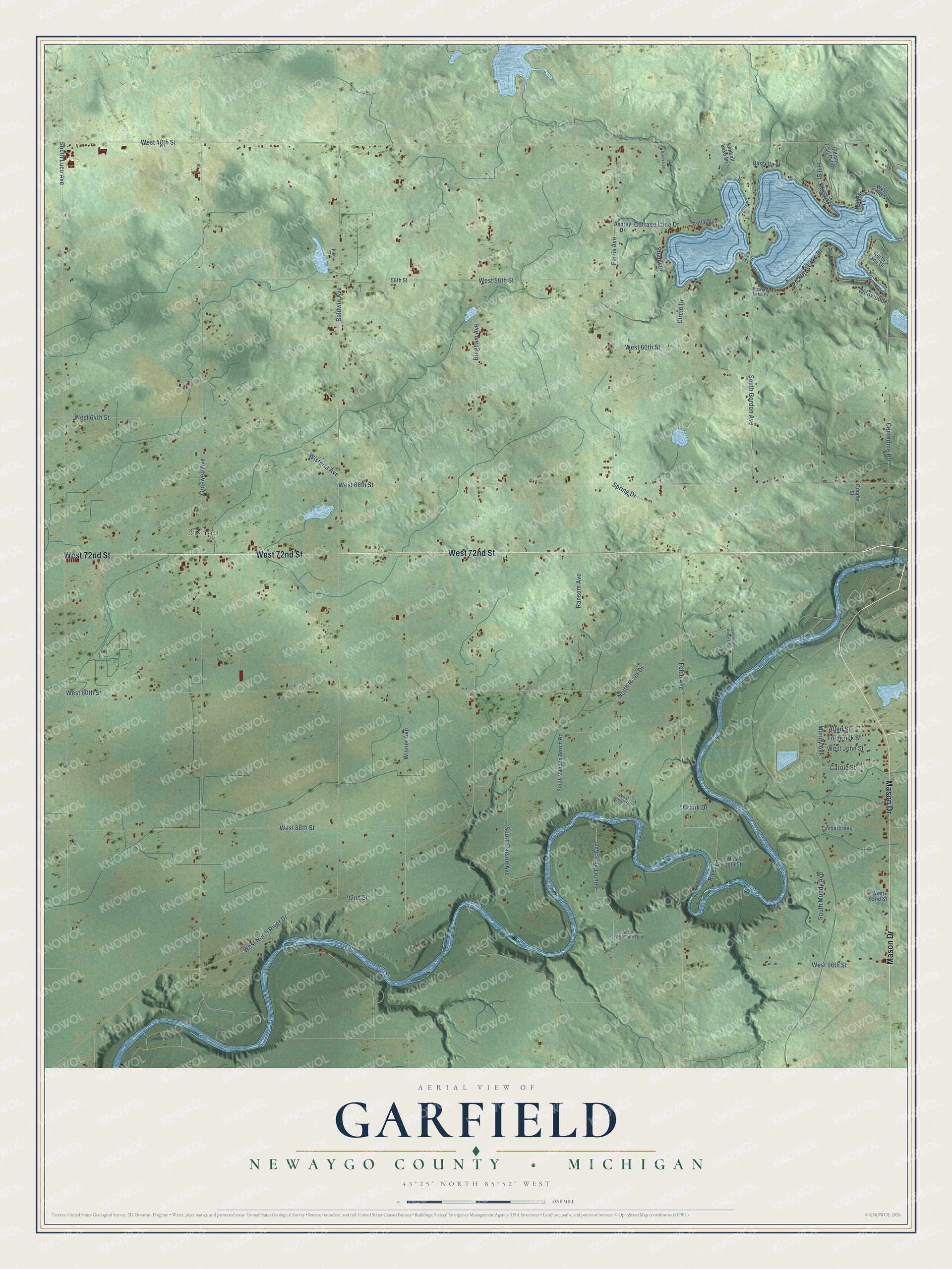 Full map of Garfield, Michigan, with red buildings, printed street names and the land around them