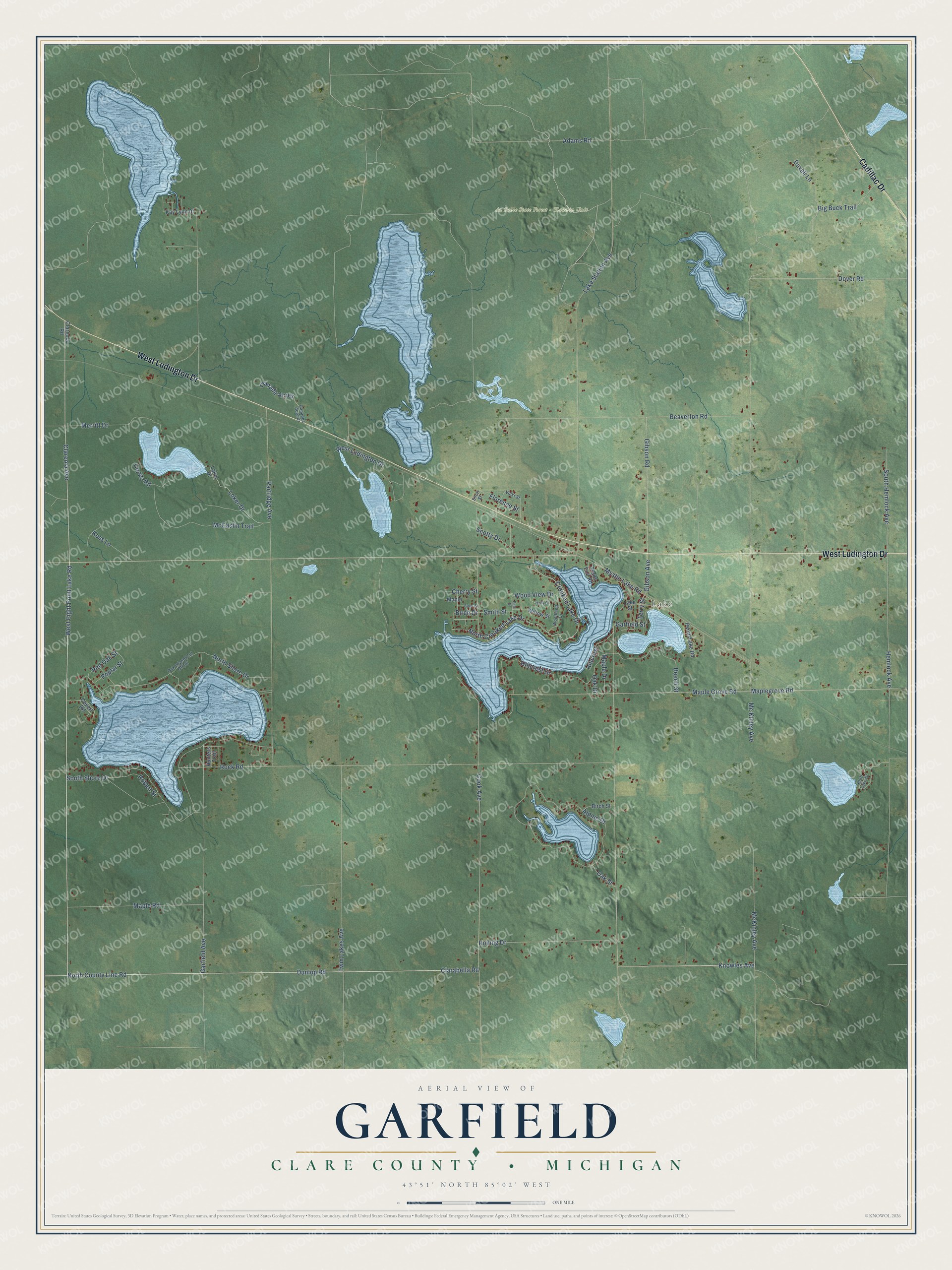 Full map of Garfield, Michigan, with red buildings, printed street names and the land around them