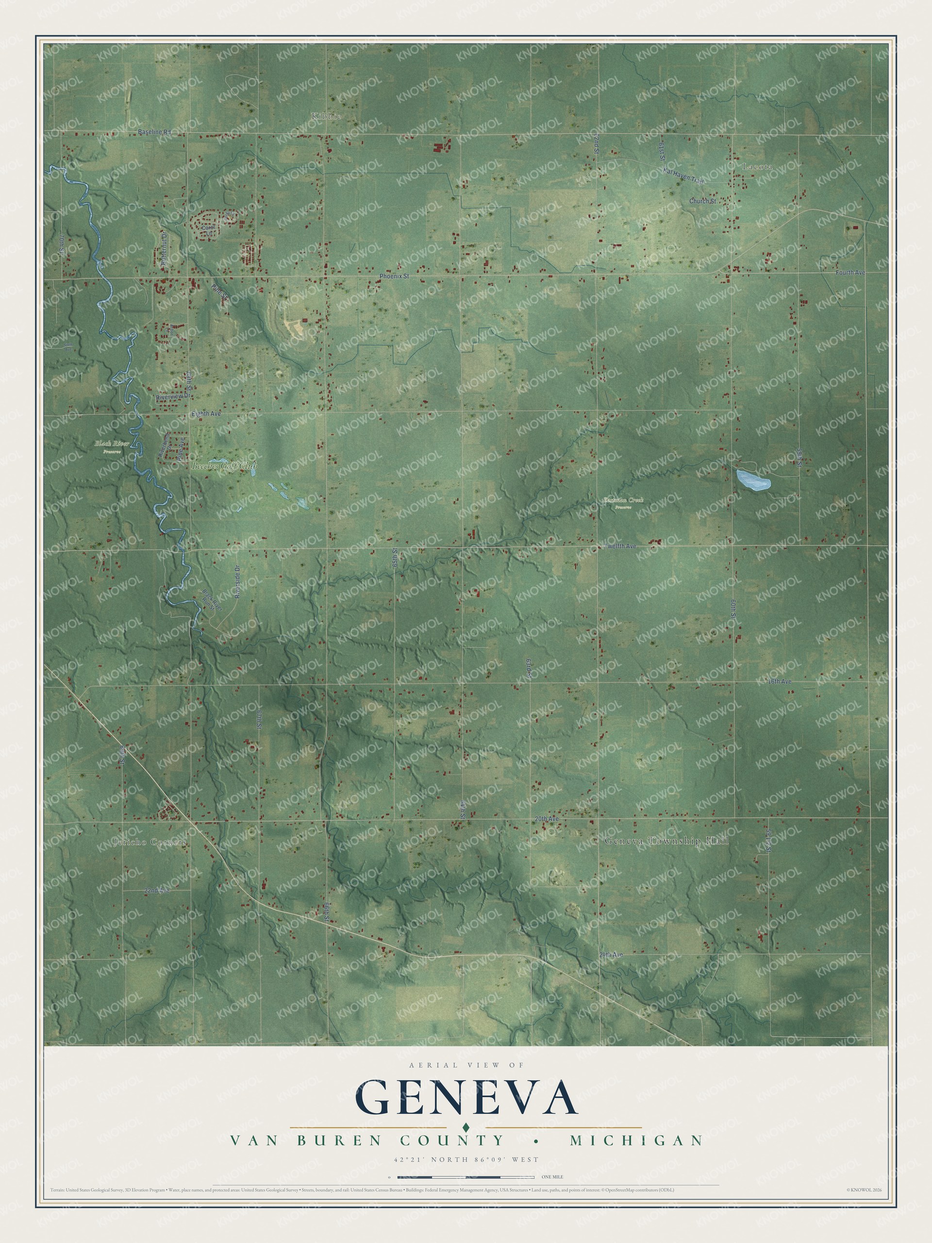 Full map of Geneva, Michigan, with red buildings, printed street names and the land around them