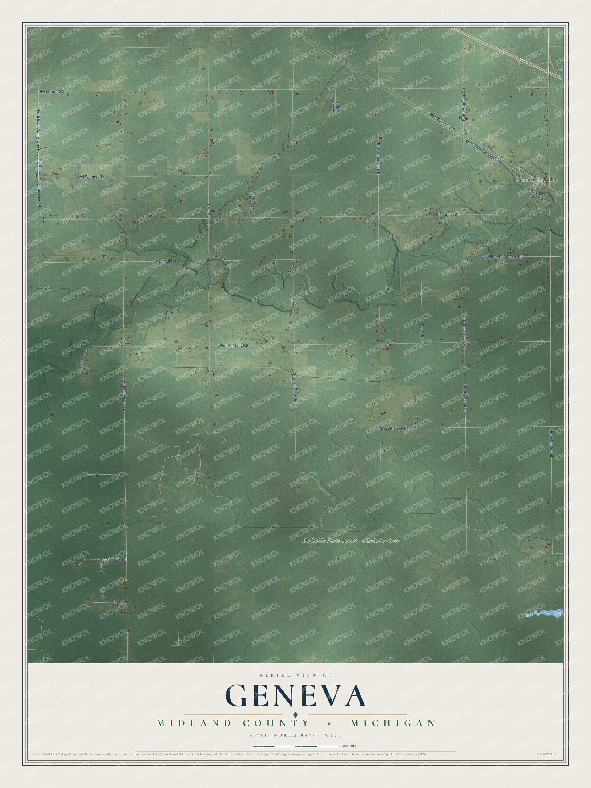 Full map of Geneva, Michigan, with red buildings, printed street names and the land around them