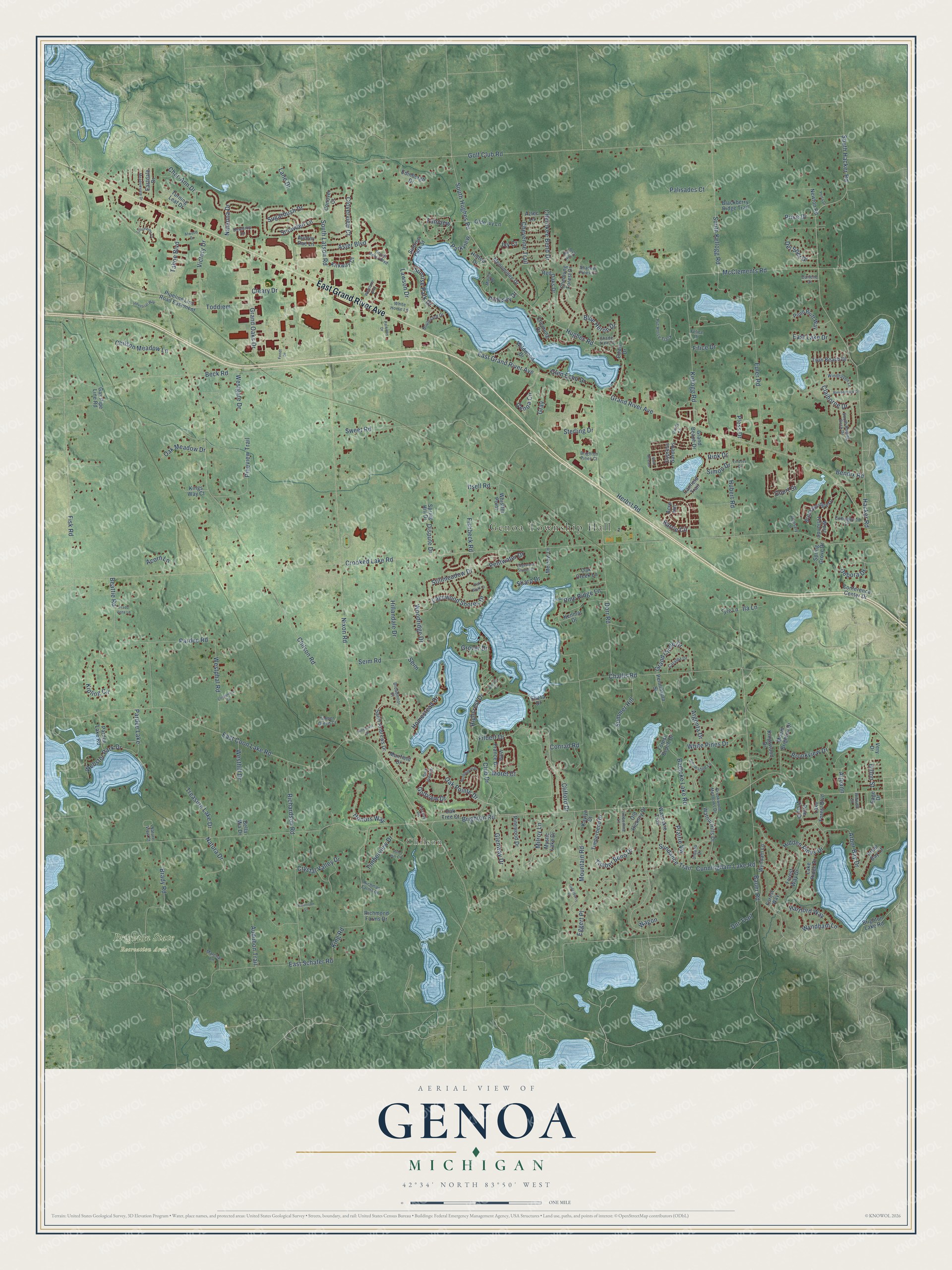Full map of Genoa, Michigan, with red buildings, printed street names and the land around them