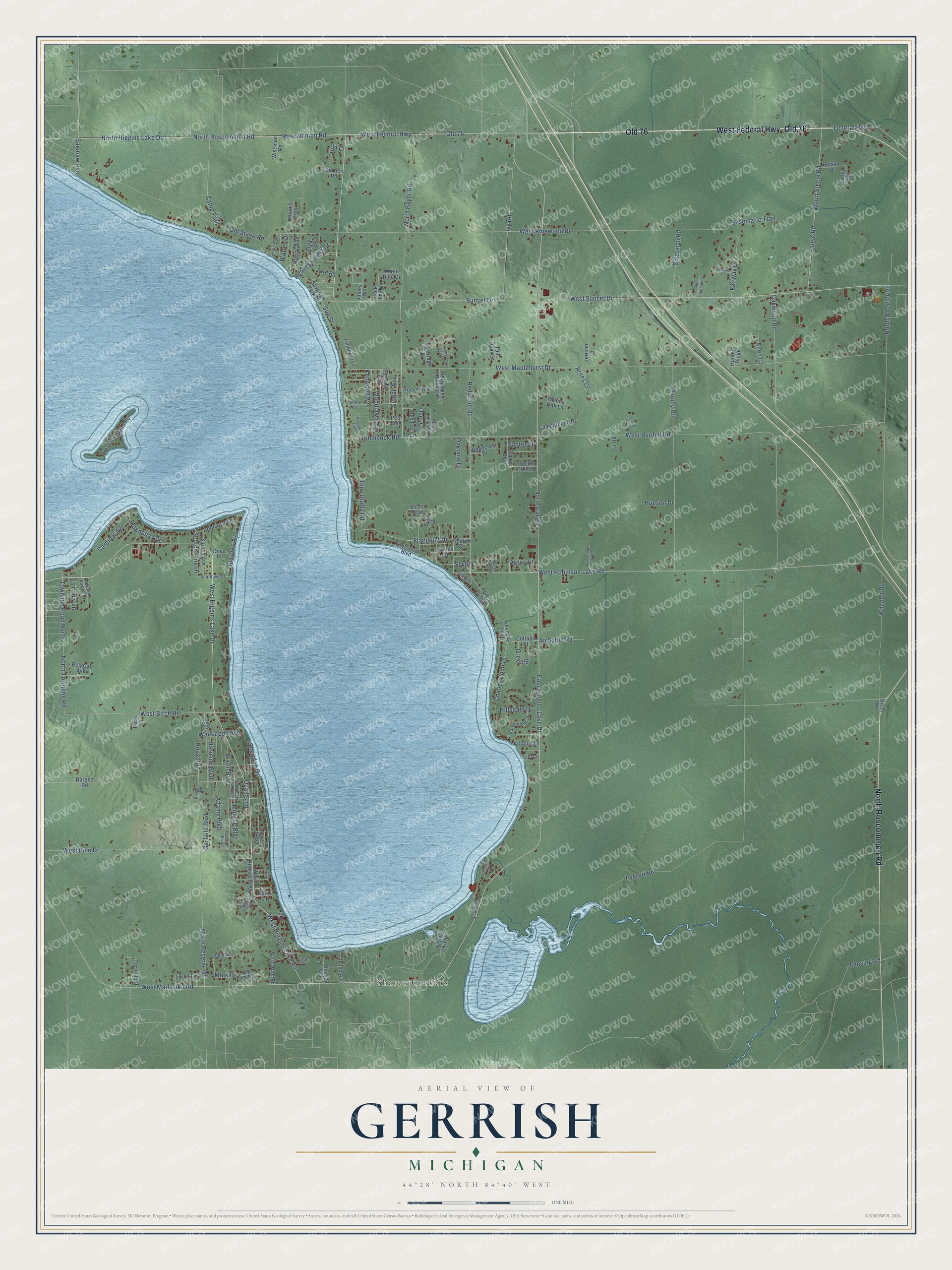 Full map of Gerrish, Michigan, with red buildings, printed street names and the land around them