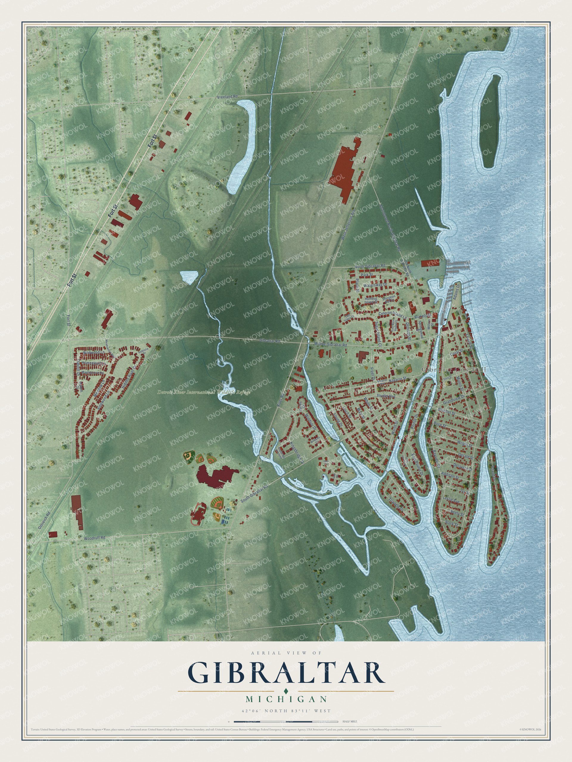 Full map of Gibraltar, Michigan, with red buildings, printed street names and the land around them