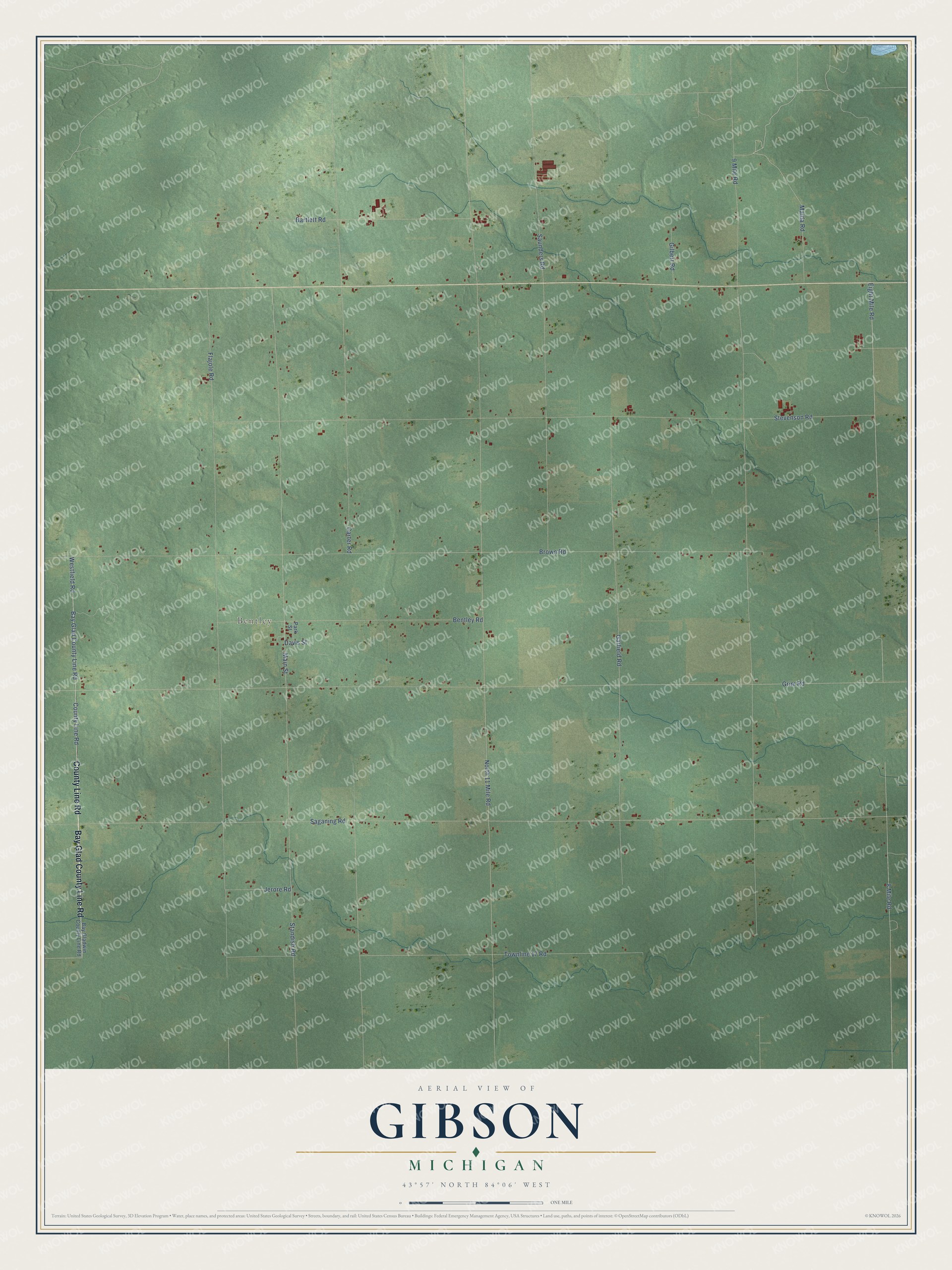 Full map of Gibson, Michigan, with red buildings, printed street names and the land around them