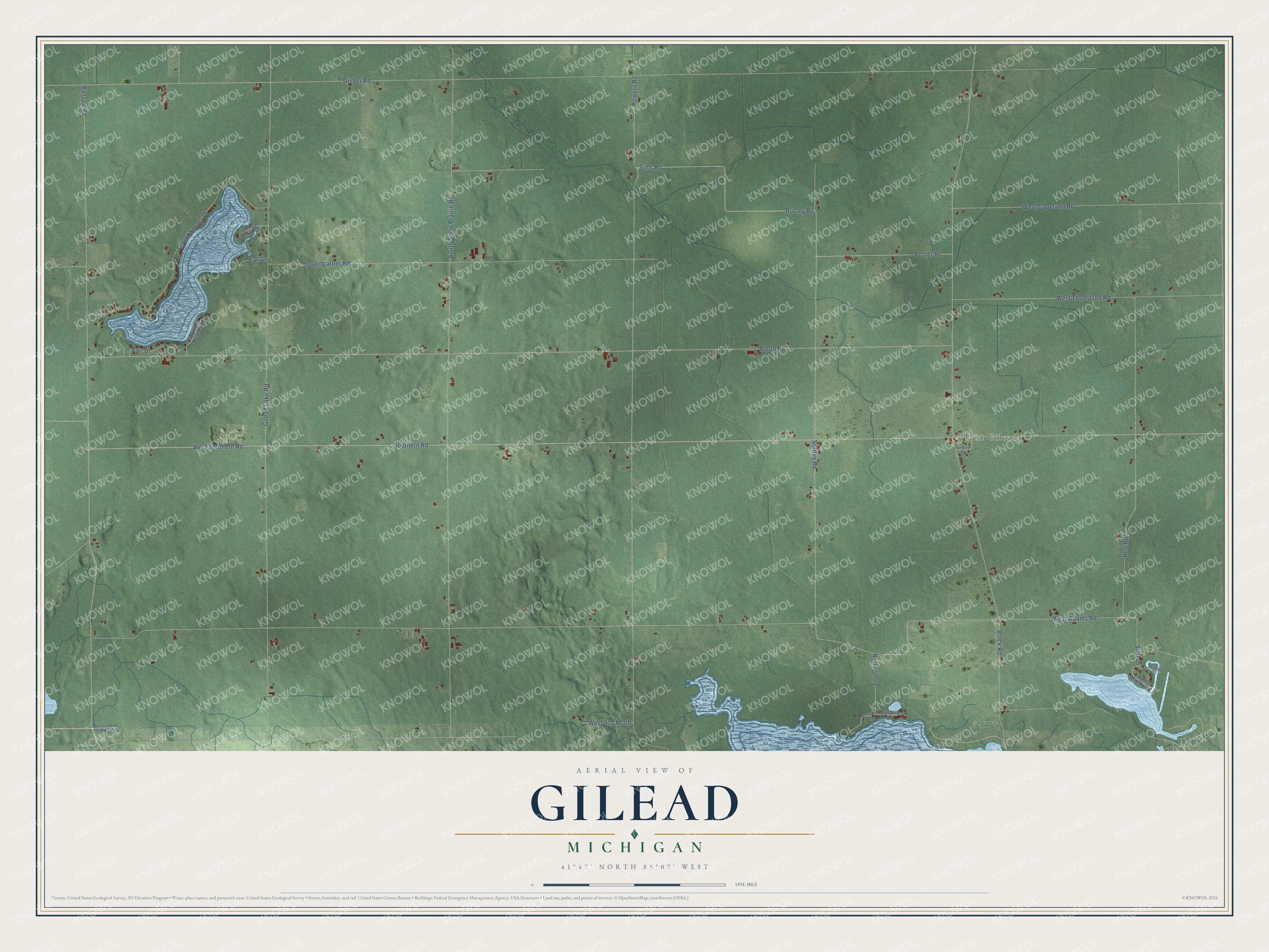Full map of Gilead, Michigan, with red buildings, printed street names and the land around them