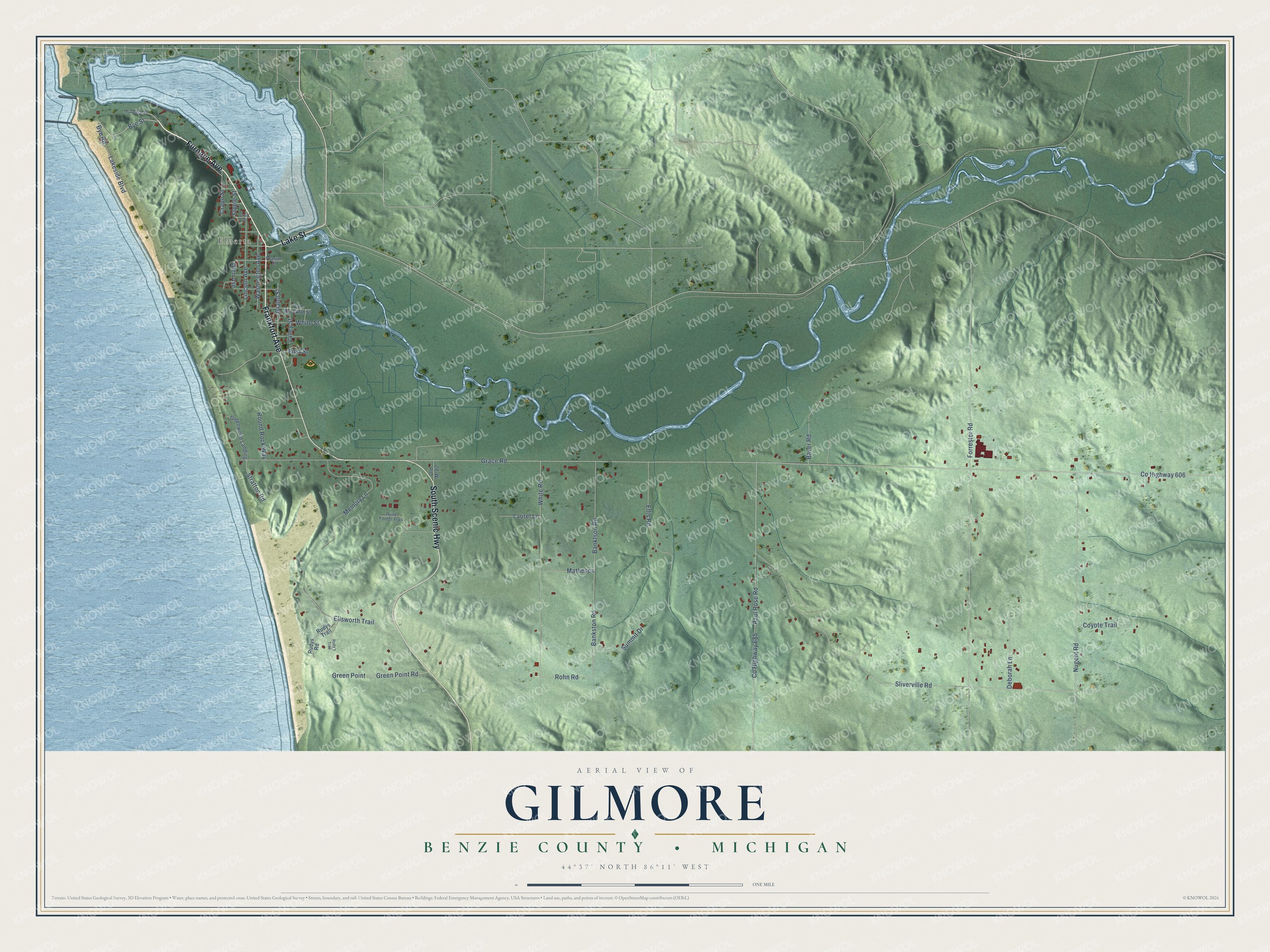 Full map of Gilmore, Michigan, with red buildings, printed street names and the land around them
