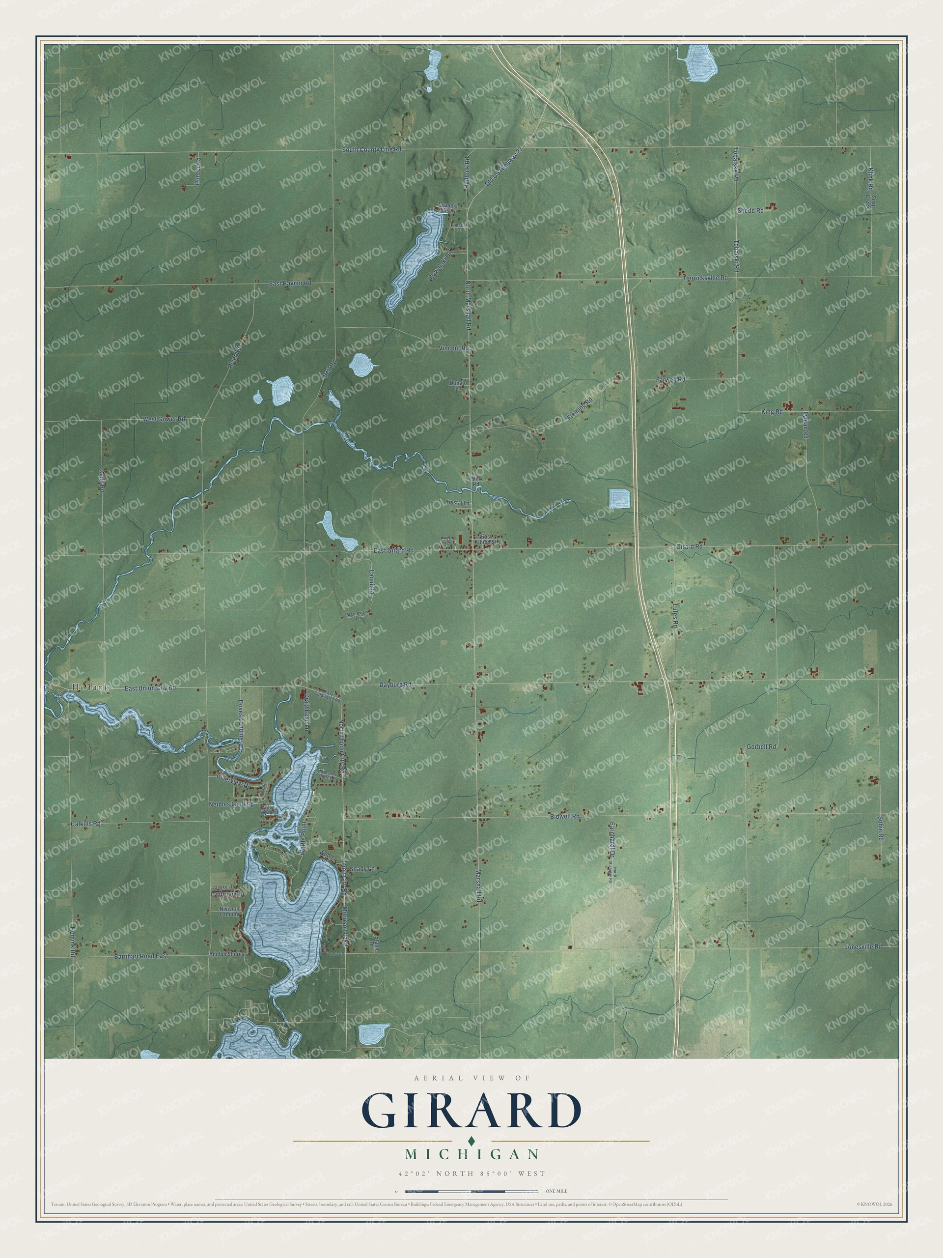 Full map of Girard, Michigan, with red buildings, printed street names and the land around them
