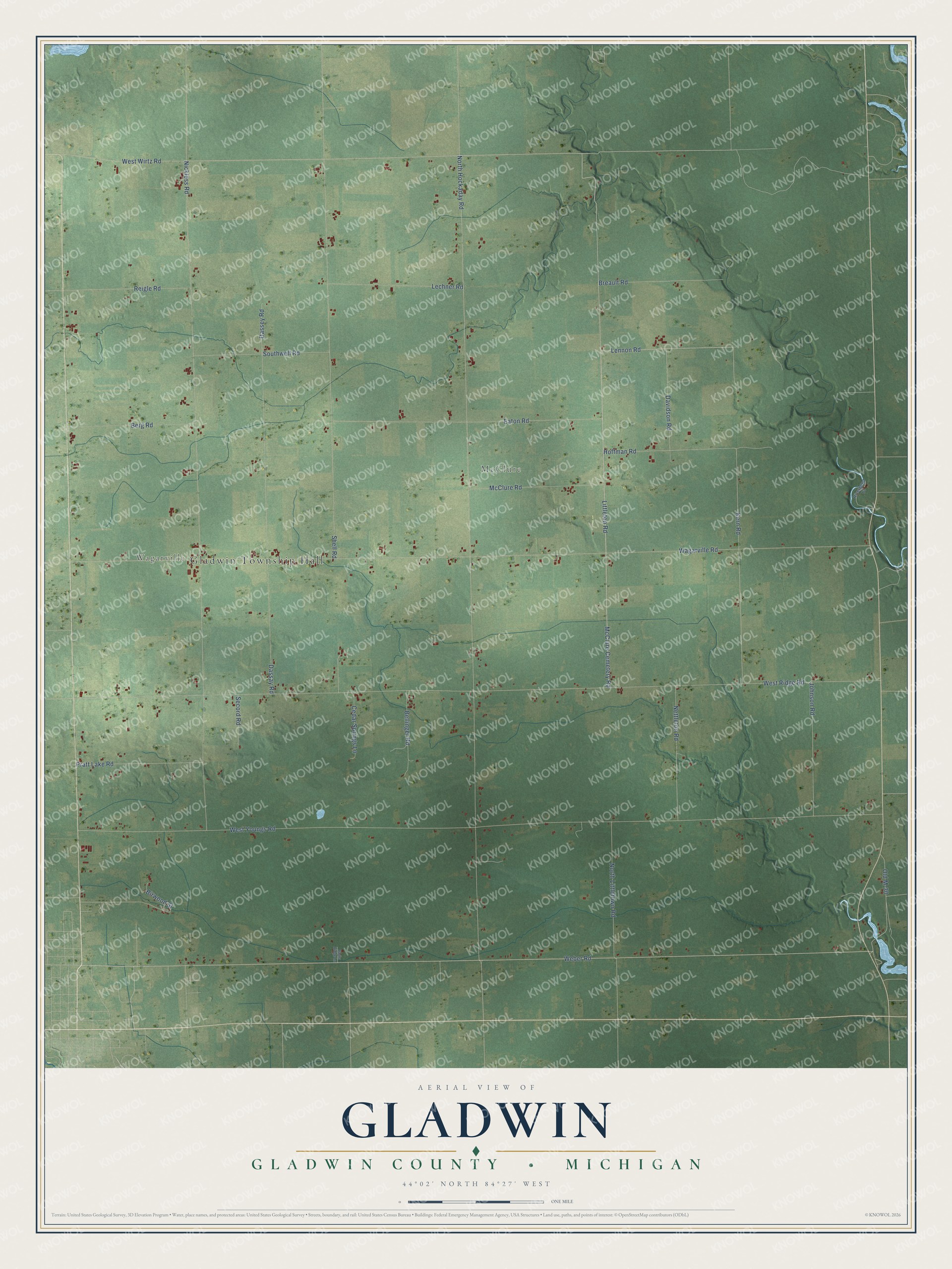Full map of Gladwin, Michigan, with red buildings, printed street names and the land around them
