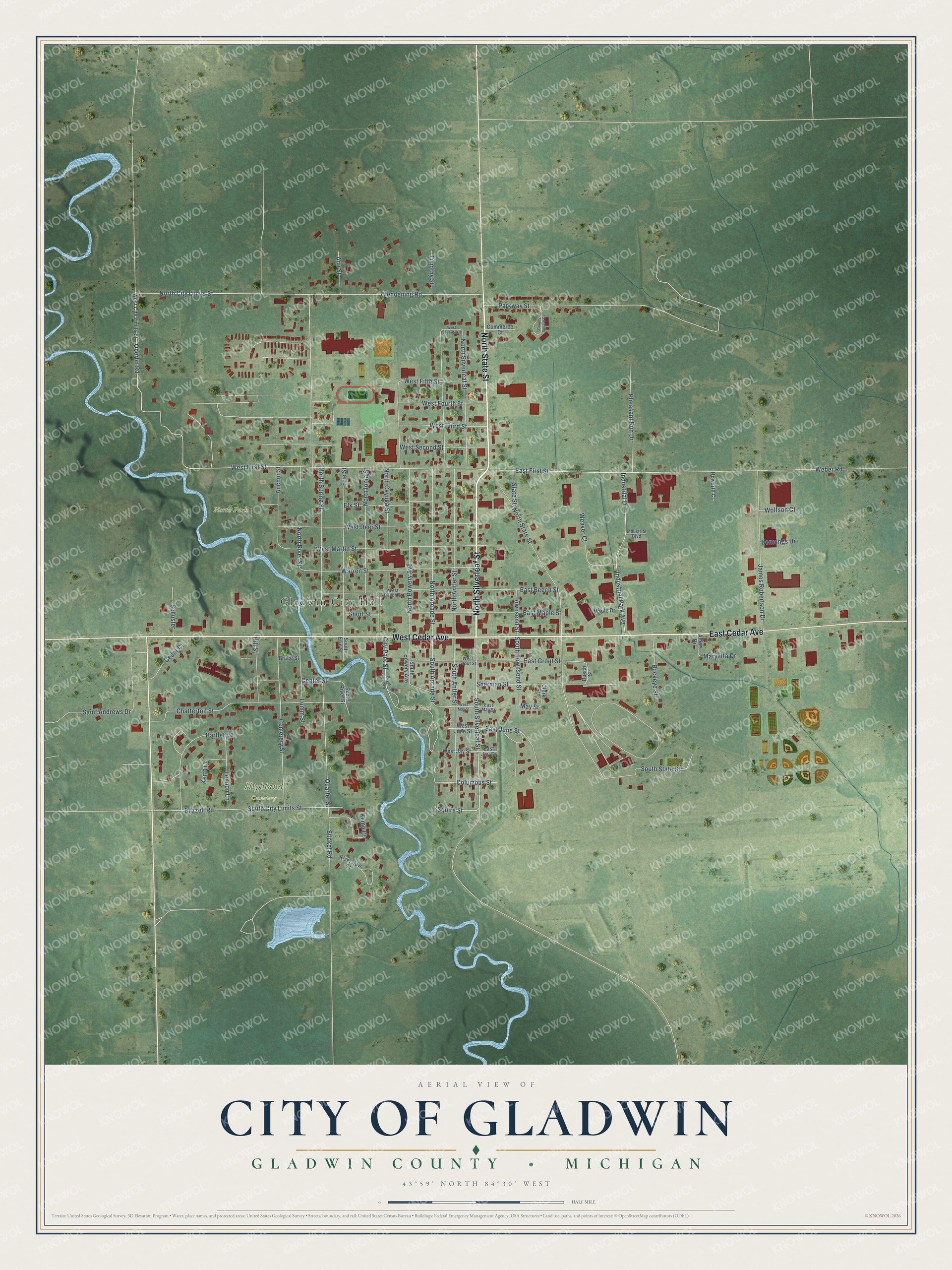 Full map of Gladwin, Michigan, with red buildings, printed street names and the land around them