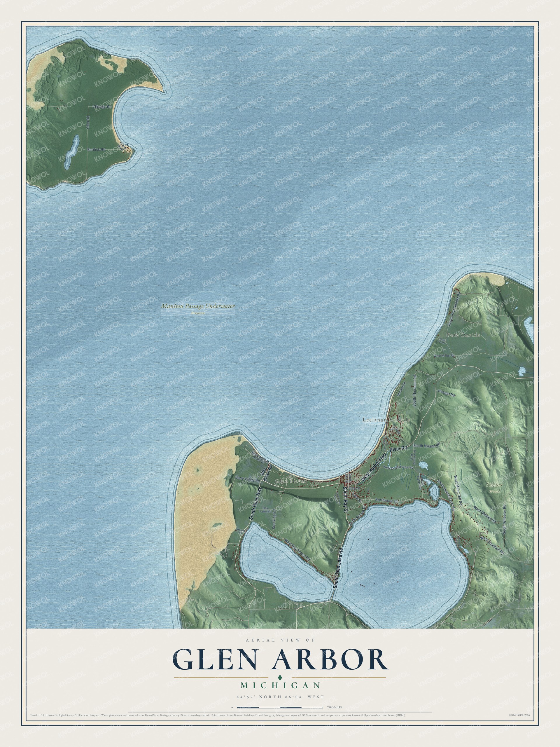 Full map of Glen Arbor, Michigan, with red buildings, printed street names and the land around them