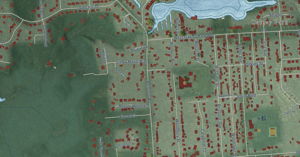 Close-up of streets and buildings in Glengary, Michigan