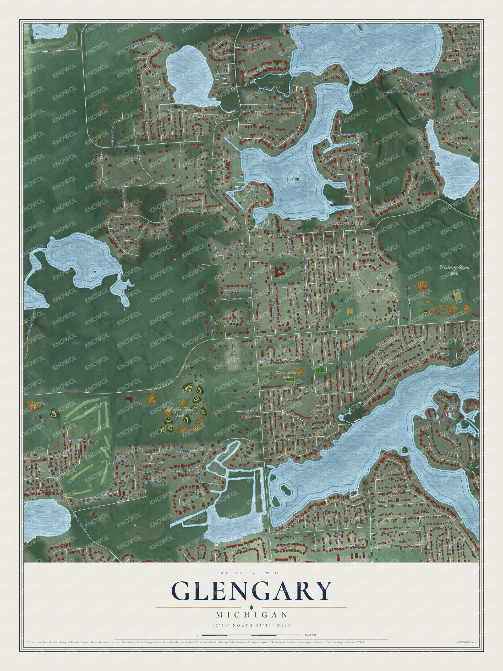 Full map of Glengary, Michigan, with red buildings, printed street names and the land around them