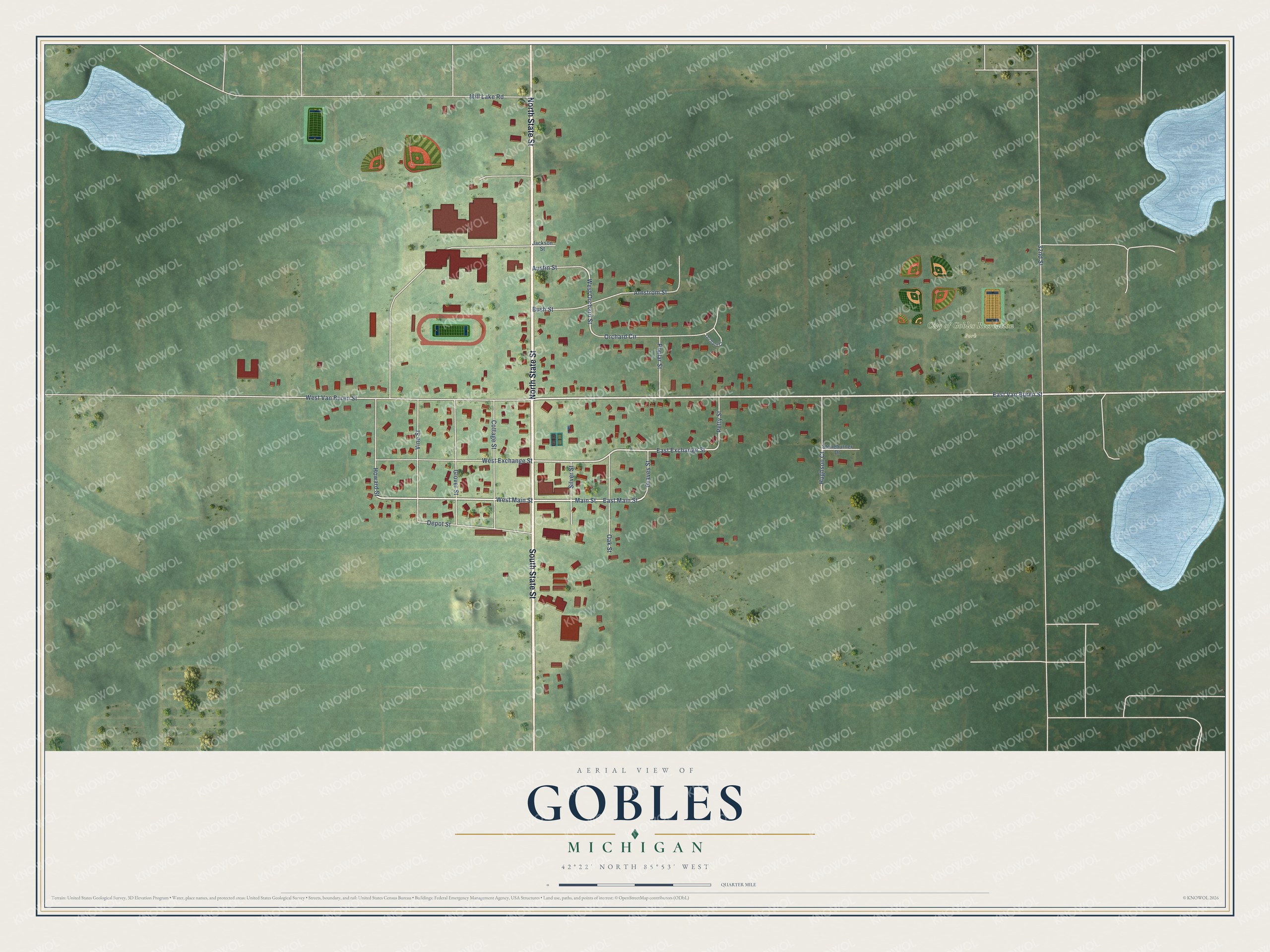 Full map of Gobles, Michigan, with red buildings, printed street names and the land around them