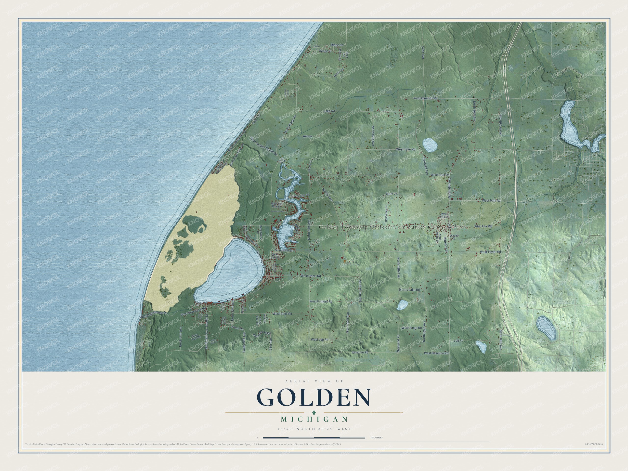 Full map of Golden, Michigan, with red buildings, printed street names and the land around them