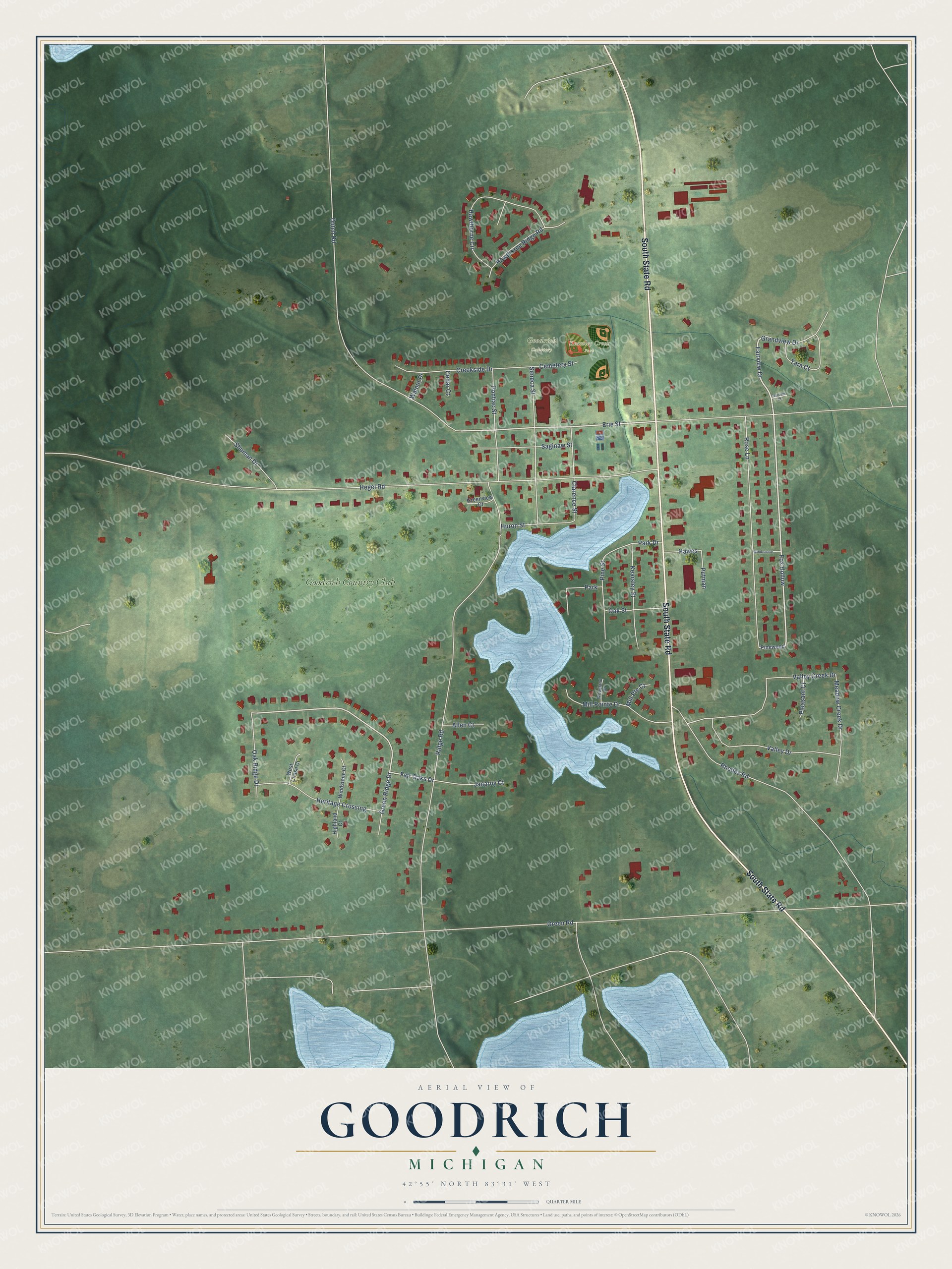 Full map of Goodrich, Michigan, with red buildings, printed street names and the land around them