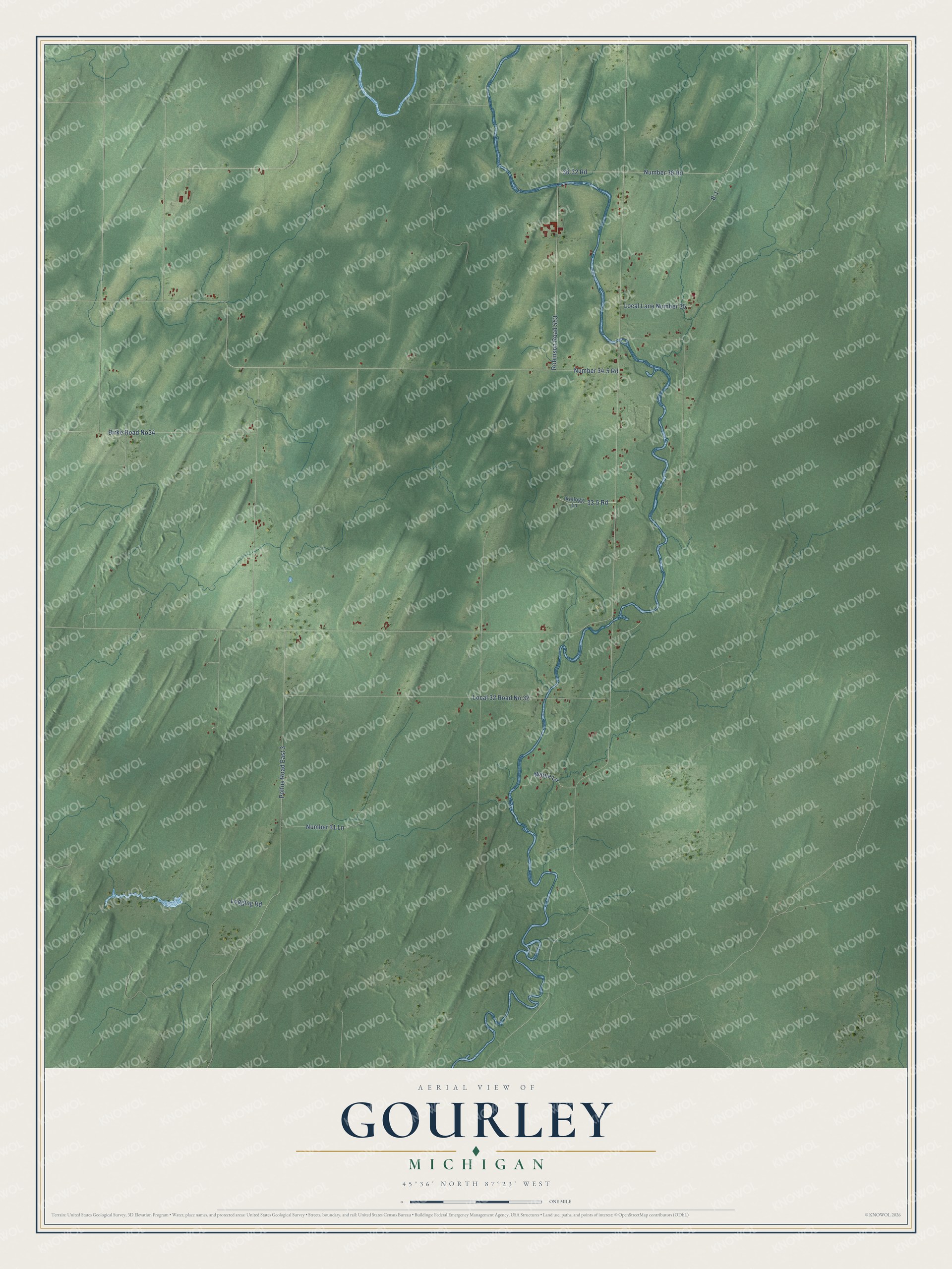 Full map of Gourley, Michigan, with red buildings, printed street names and the land around them