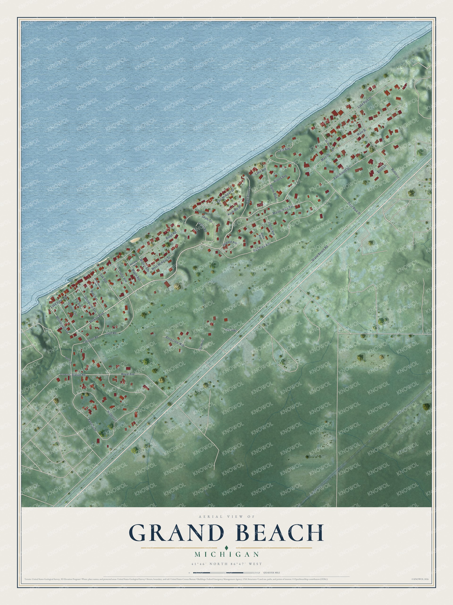 Full map of Grand Beach, Michigan, with red buildings, printed street names and the land around them