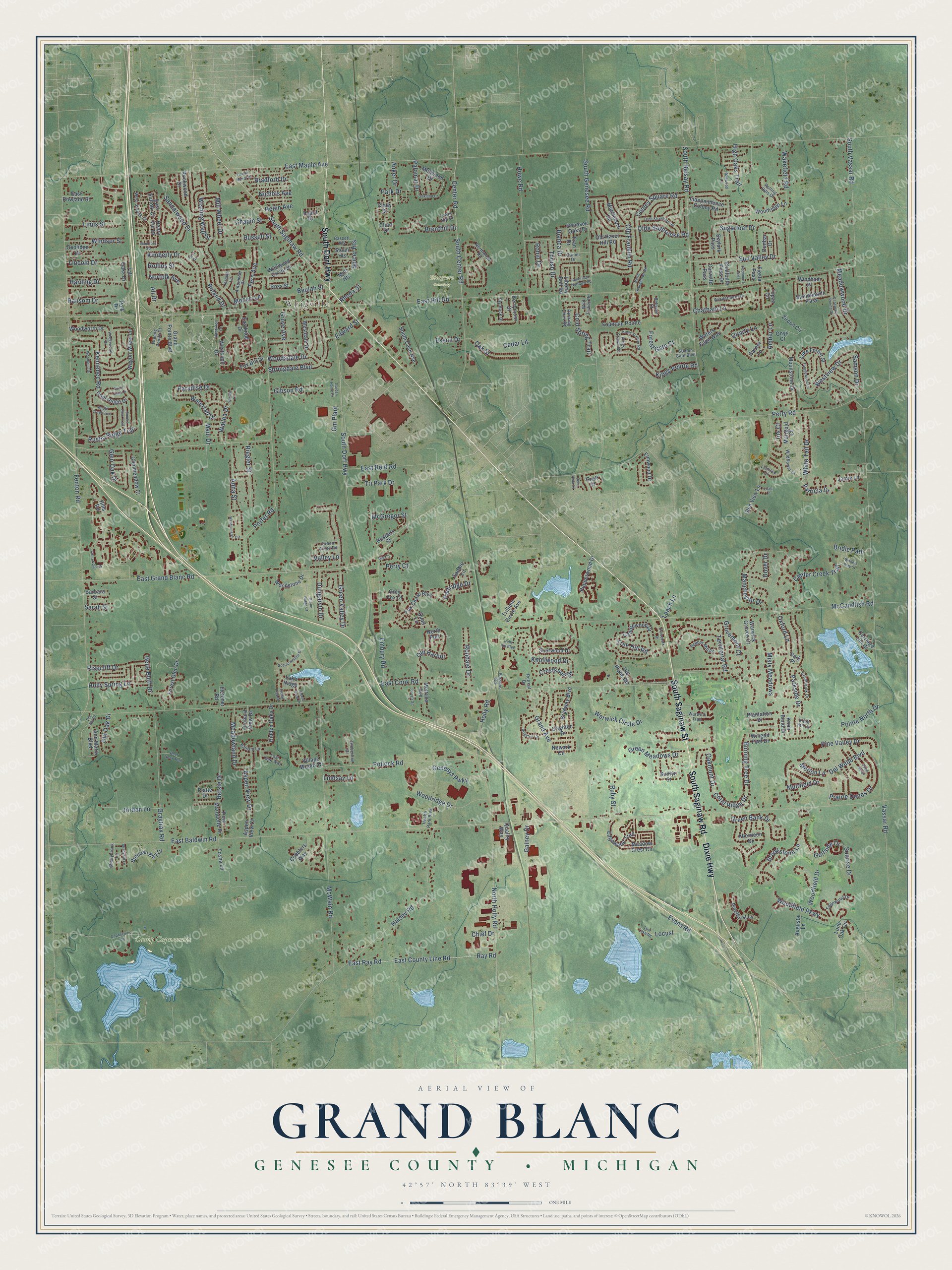 Full map of Grand Blanc, Michigan, with red buildings, printed street names and the land around them