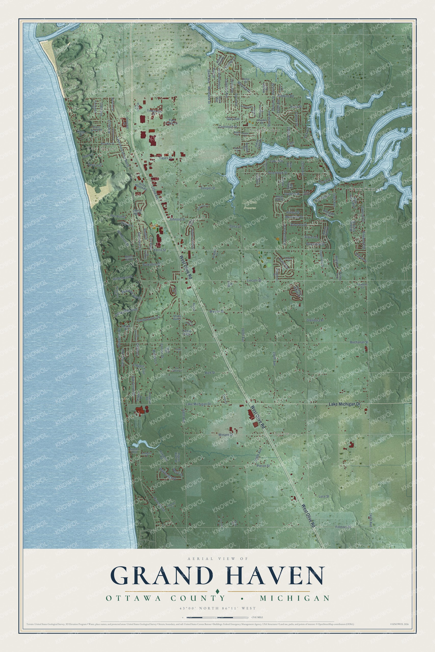 Full map of Grand Haven, Michigan, with red buildings, printed street names and the land around them