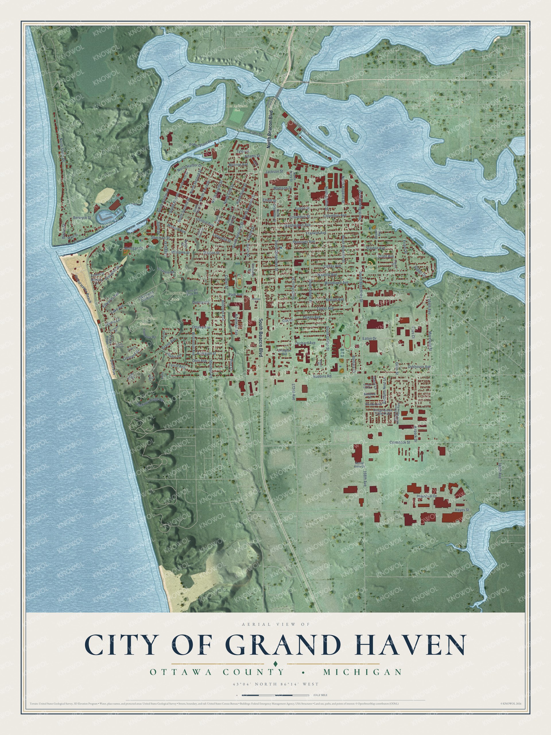 Full map of Grand Haven, Michigan, with red buildings, printed street names and the land around them