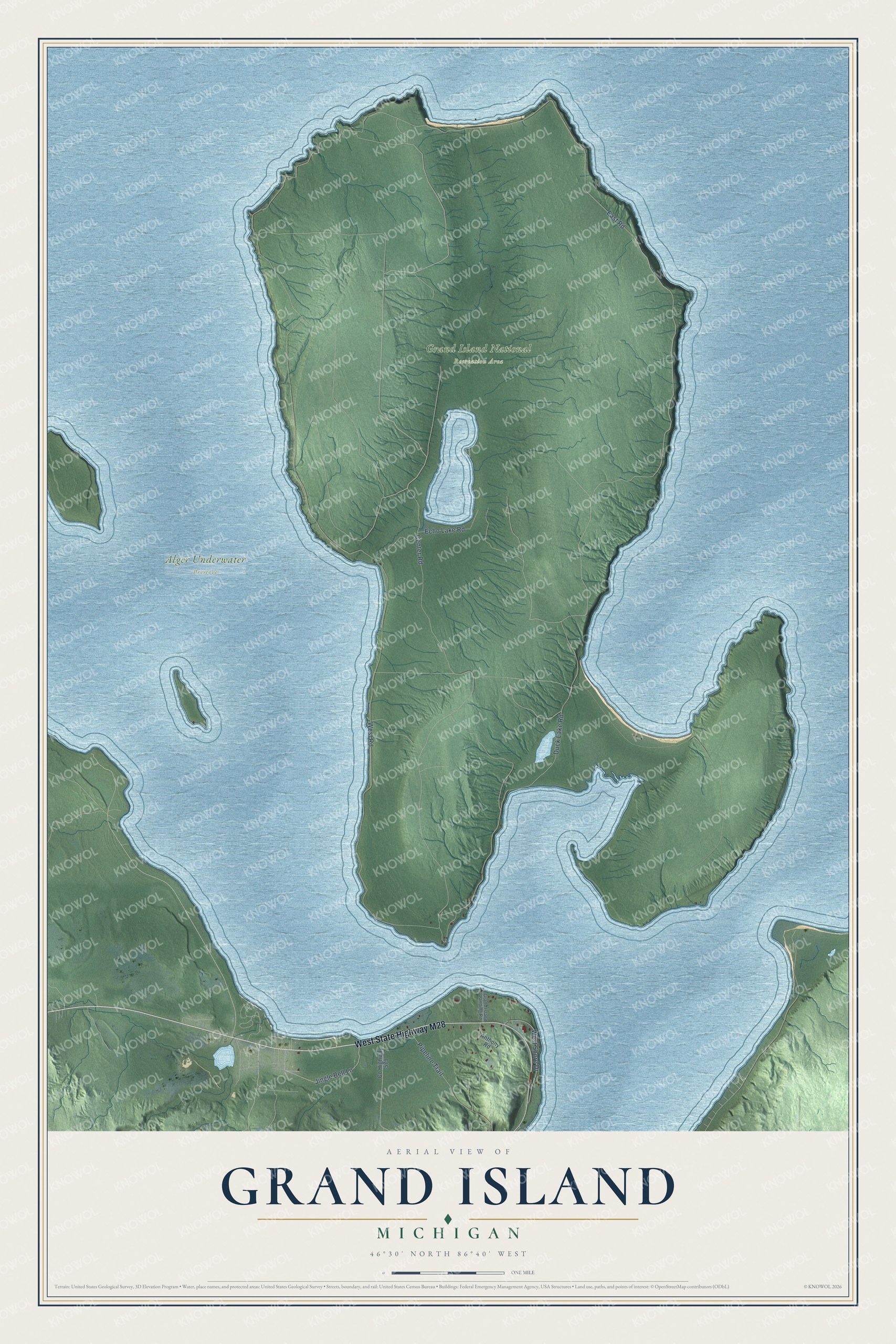 Full map of Grand Island, Michigan, with red buildings, printed street names and the land around them