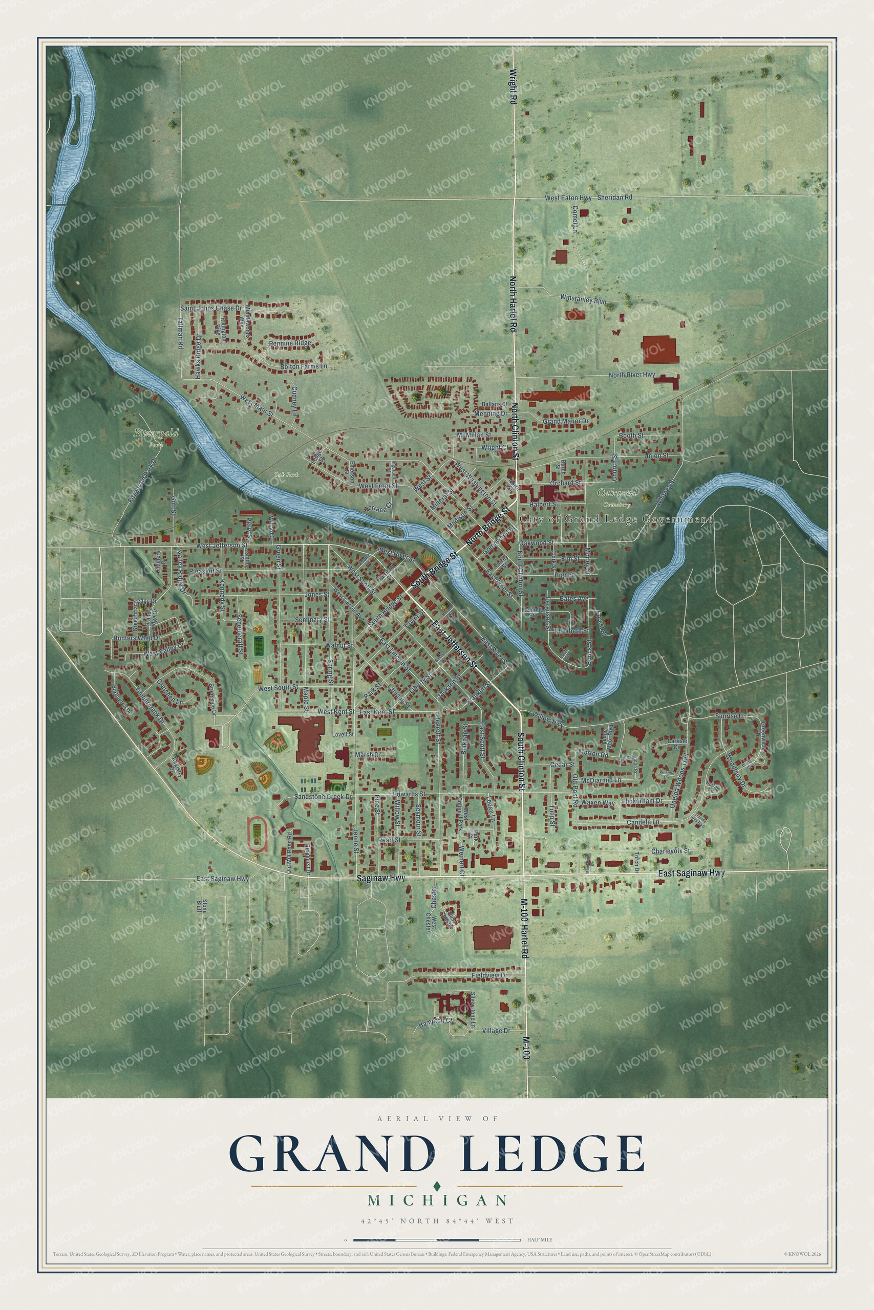 Full map of Grand Ledge, Michigan, with red buildings, printed street names and the land around them